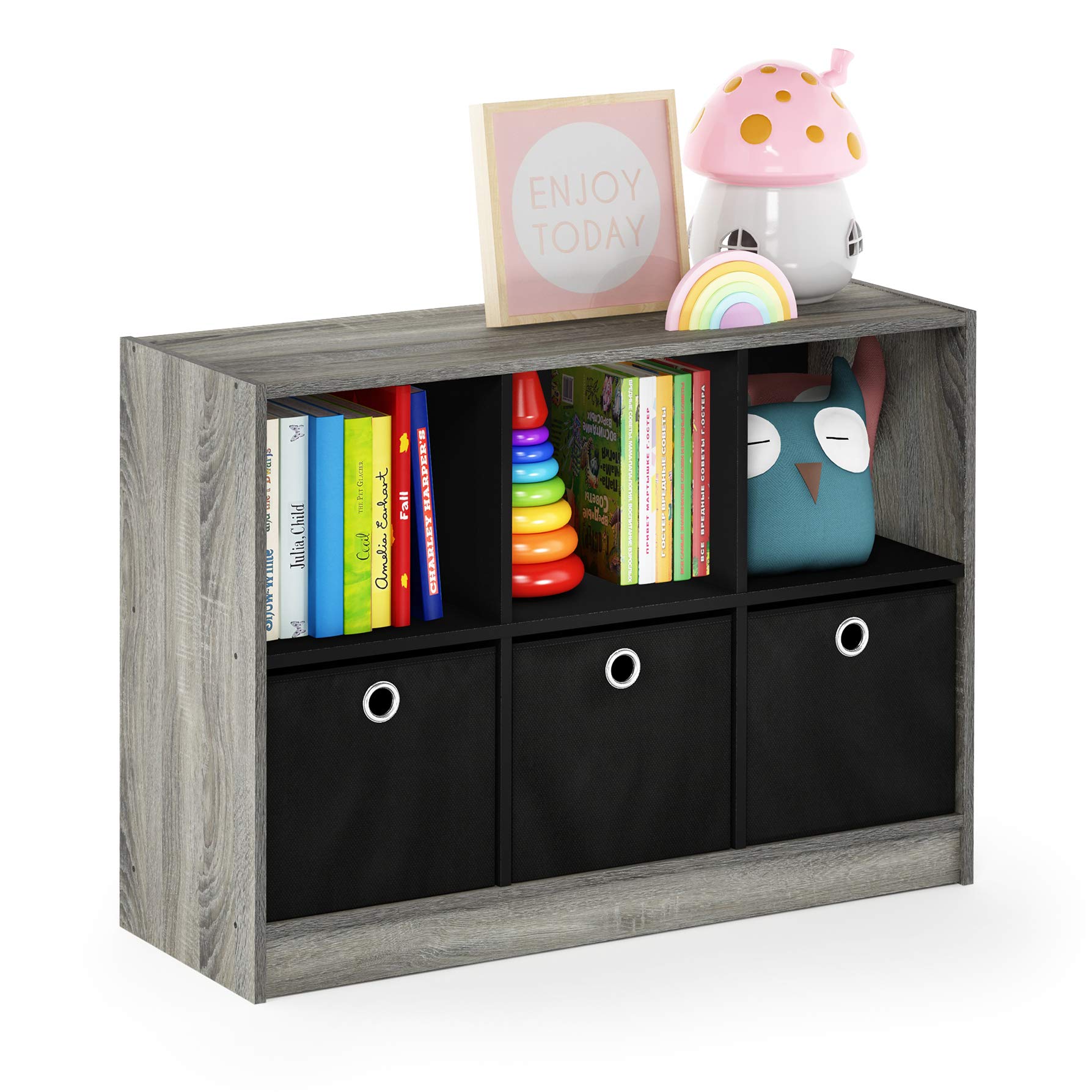 Furinno 99940GYW/BK Basic 3x2 Bookcase Storage w/Bins, French Oak Grey/Black