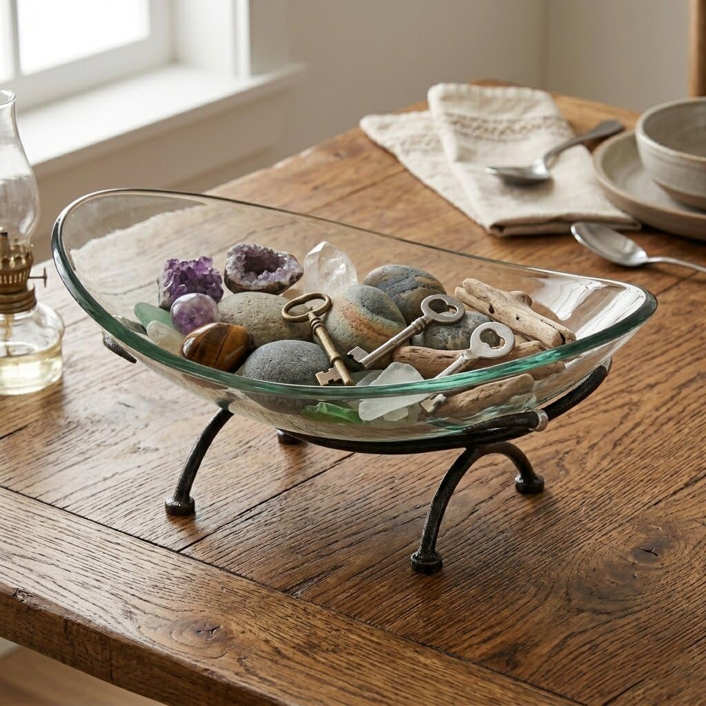Olivan Tempered Glass Bowl & Metal Stand - Oval