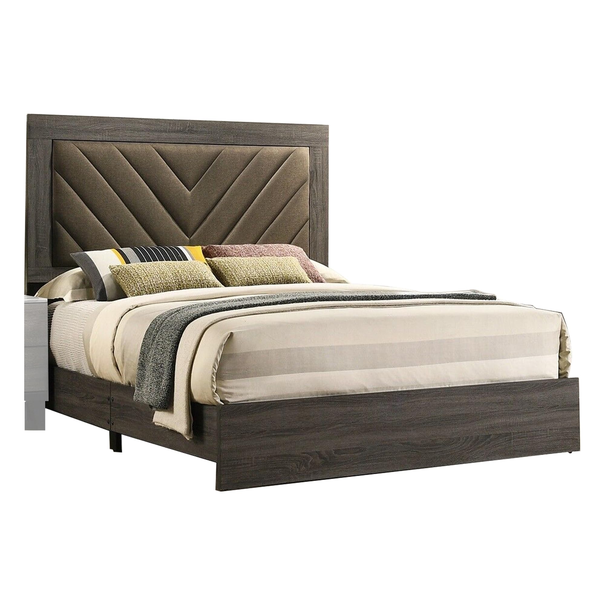 Cato Upholstered Queen Size Bed, Chevron Tufted Brown Headboard, Dark Gray