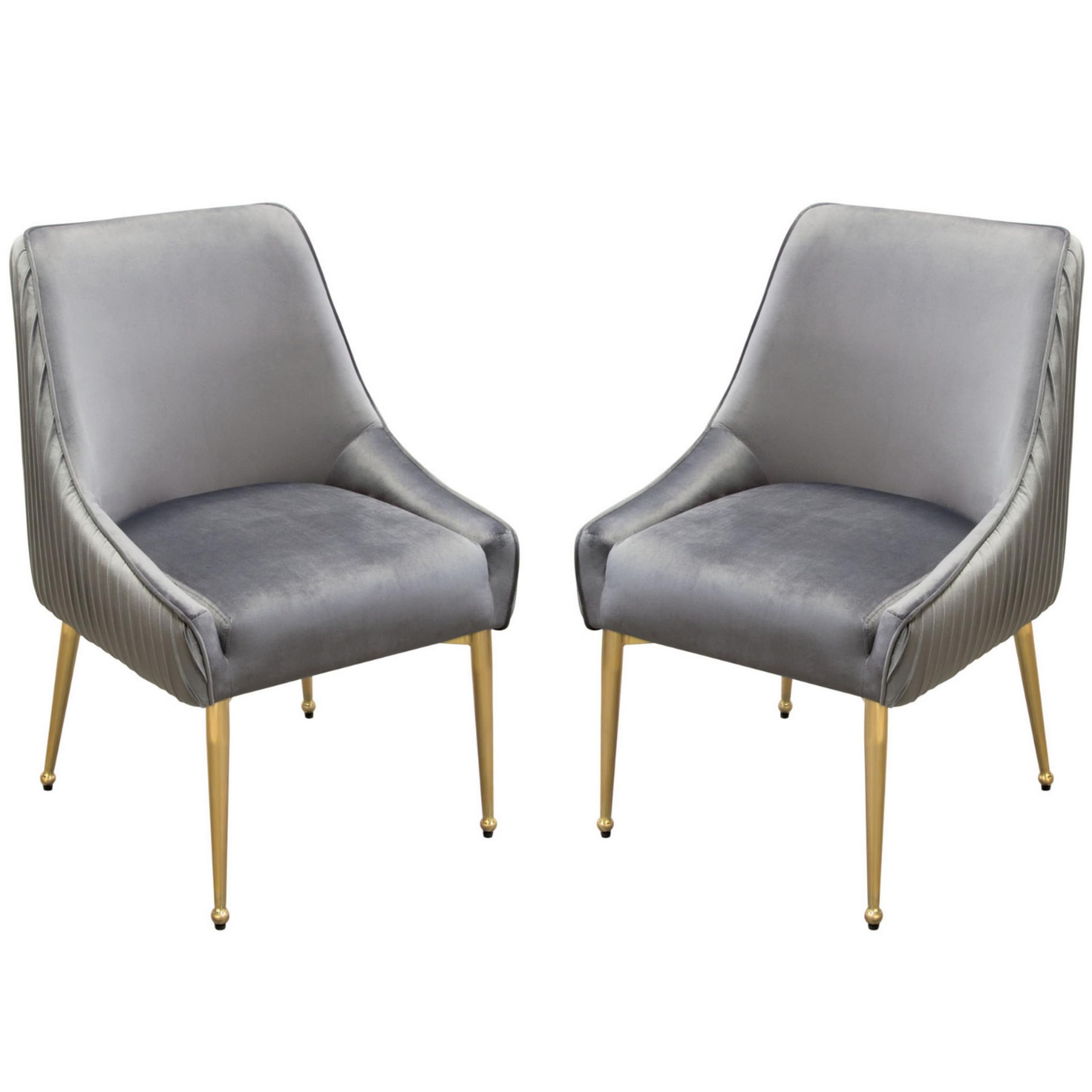 24 Inch Pleated Dining Side Chair, Set of 2, Smooth Gray Velvet Upholstery