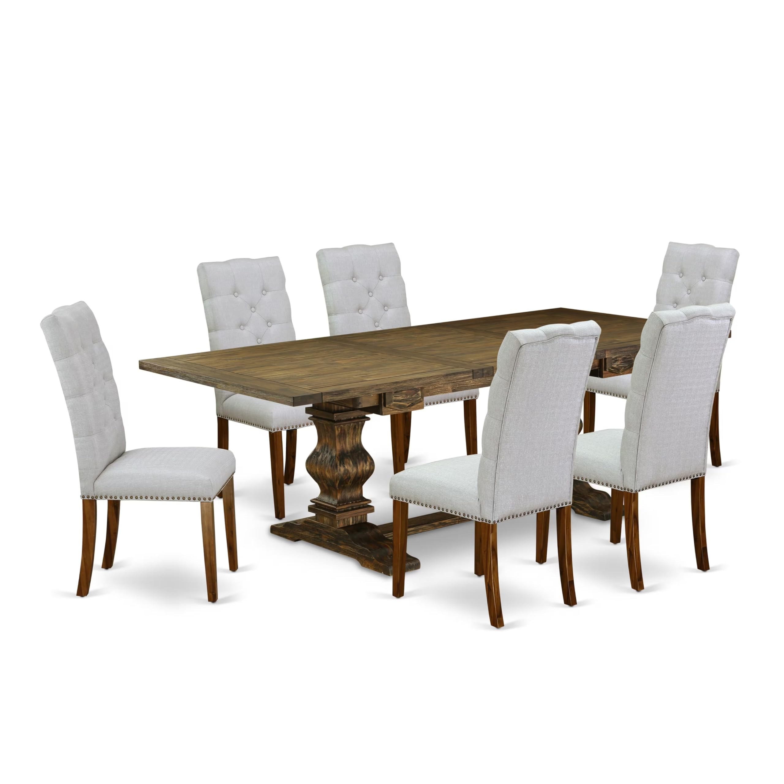 7-pc dining table set with Chairs Legs and Modern Gray Linen Fabric