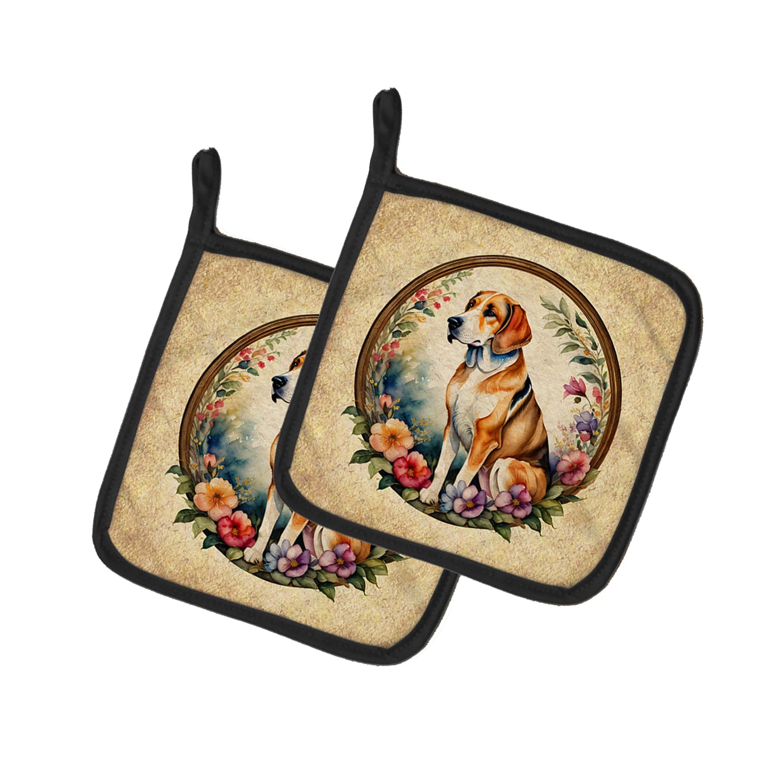 American Foxhound and Flowers Pair of Pot Holders