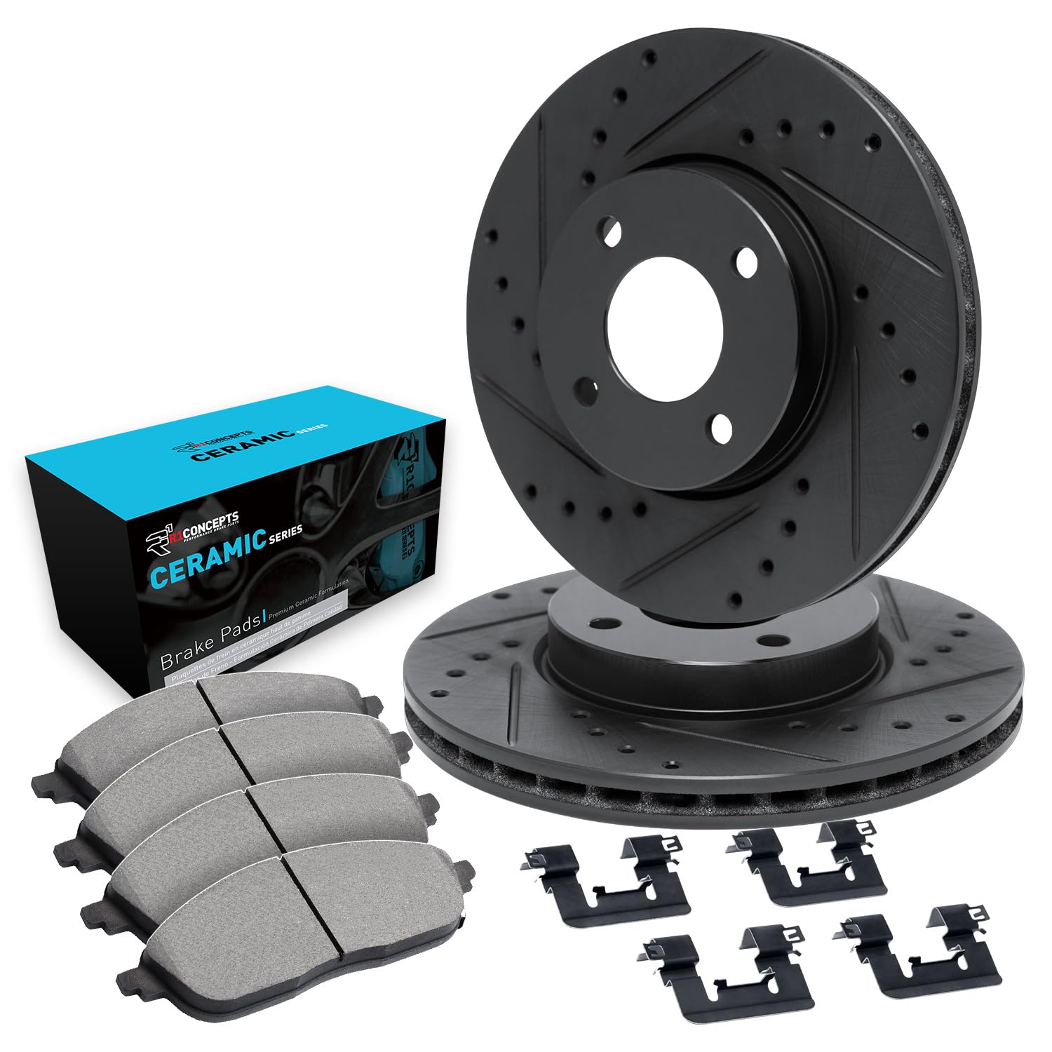 R1 Concepts Drilled and Slotted Black Disc Brake Rotor Set with Ceramic Pads and Hardware WHWH1-67124