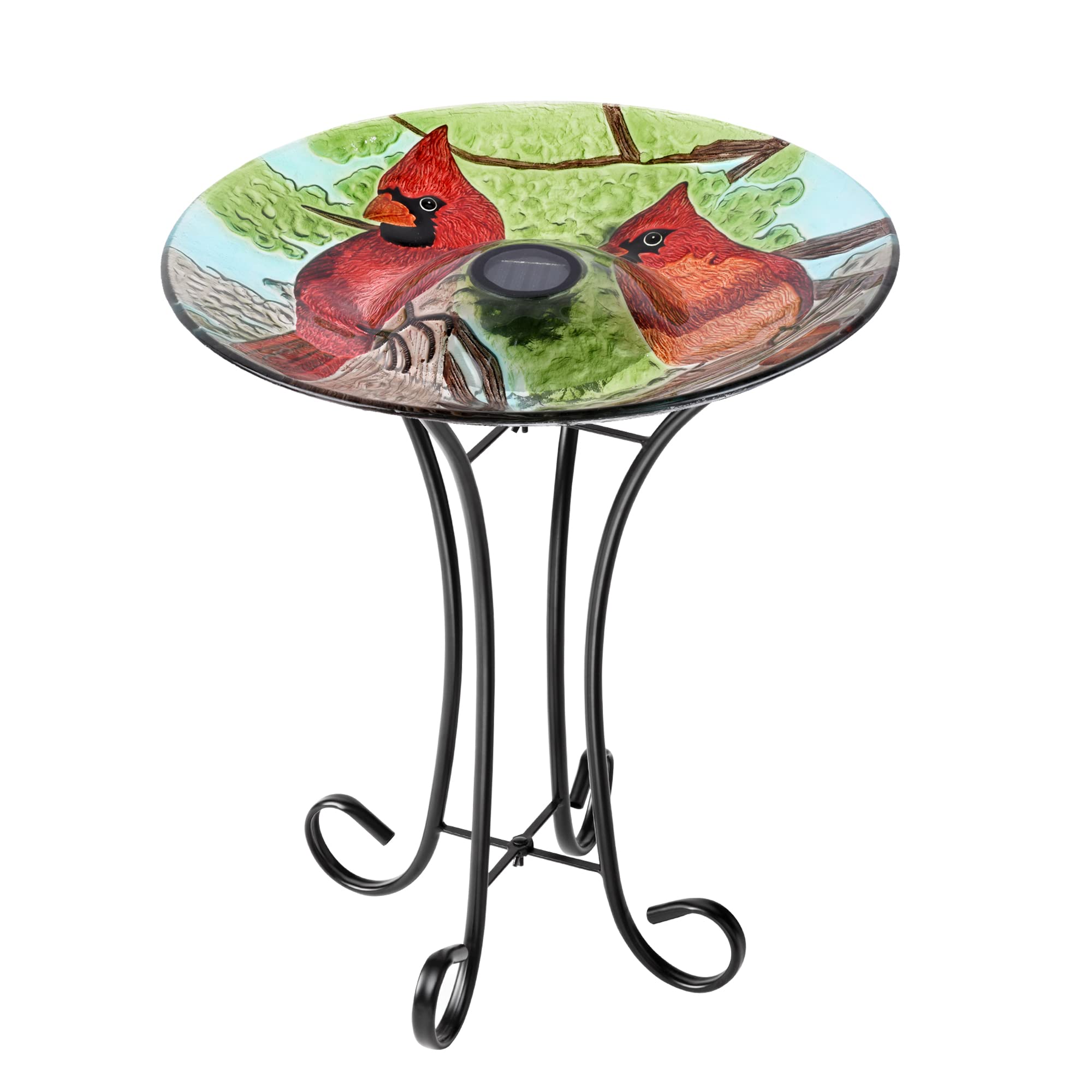 Hi-Line Gift Ltd 78415-I Solar LED Floral Glass Bird Bath with Stand - Cardinal