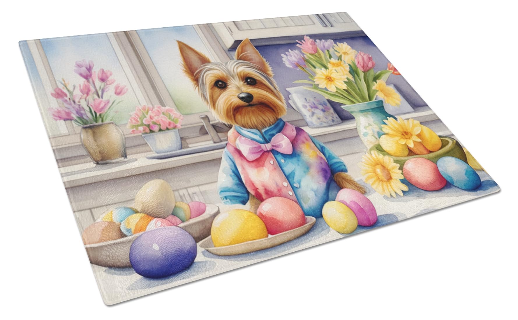 Carolines Treasures DAC6905LCB Decorating Easter Silky Terrier Glass Cutting Board Decorative Tempered Glass Kitchen Cutting and Serving Board Large Size Chopping Board