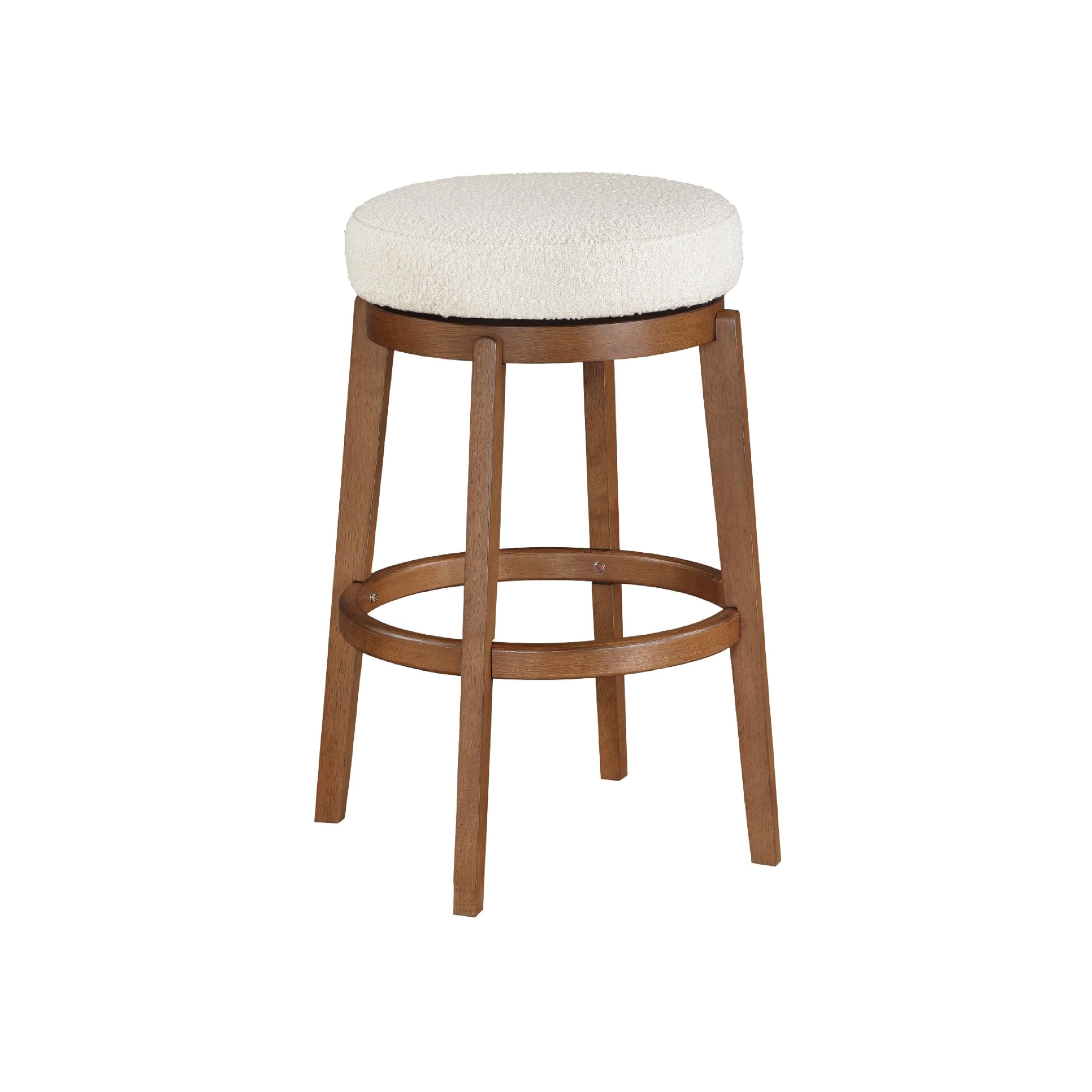 Lex Swivel Bar Stool, 31 Inch Backless, White Boucle Seat, Brown Legs