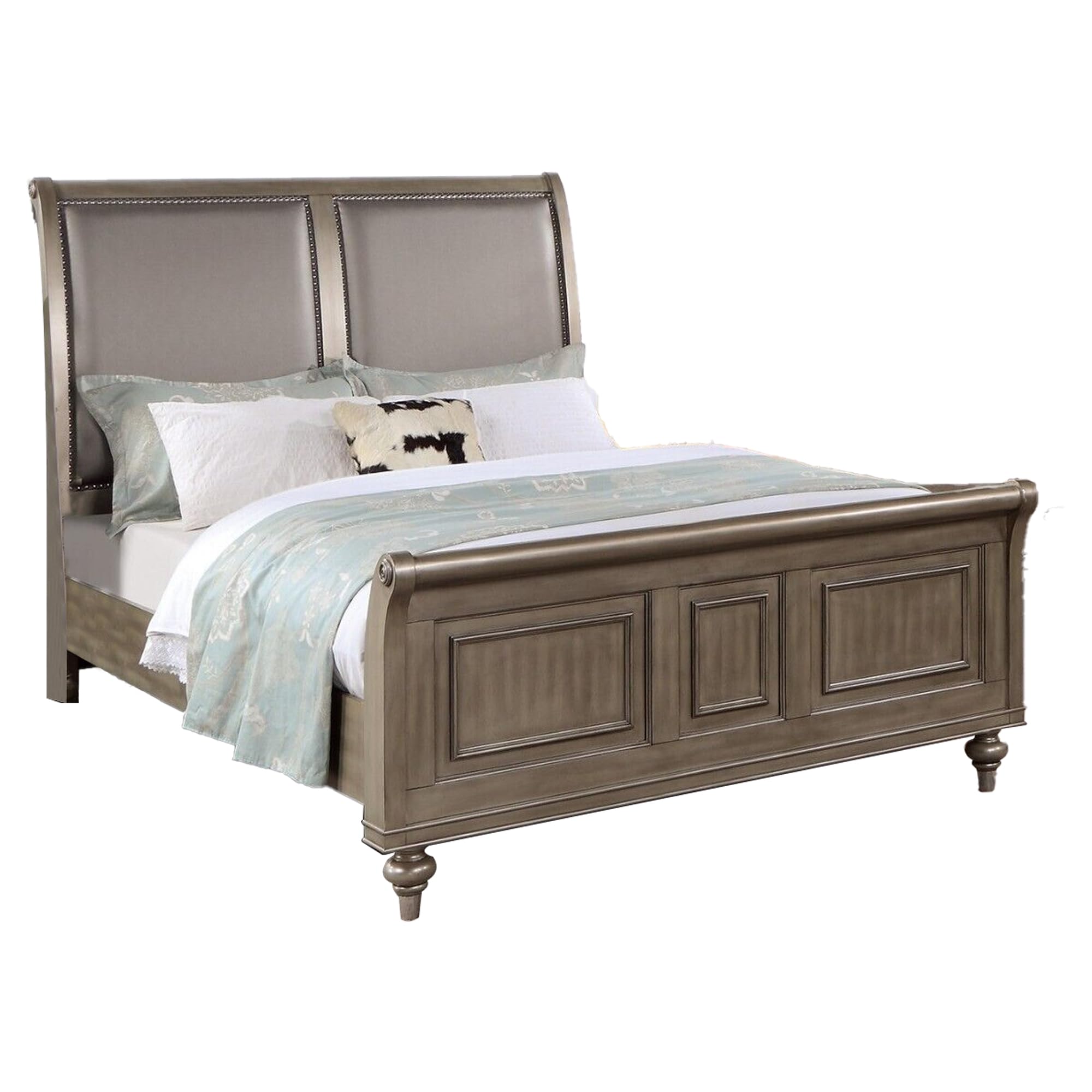 Ella Modern Queen Size Bed, Faux Leather Upholstery, Nailhead Trim, Gold