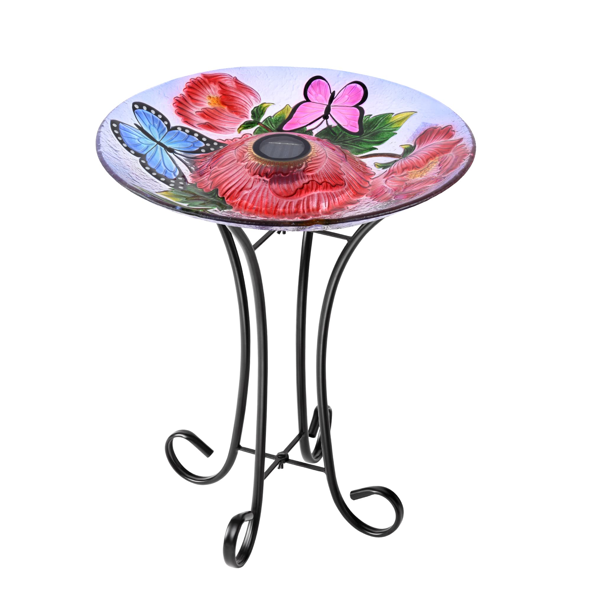 Hi-Line Gift Ltd 78415-L Solar LED Floral Glass Bird Bath with Stand - Butterflies & Peonies