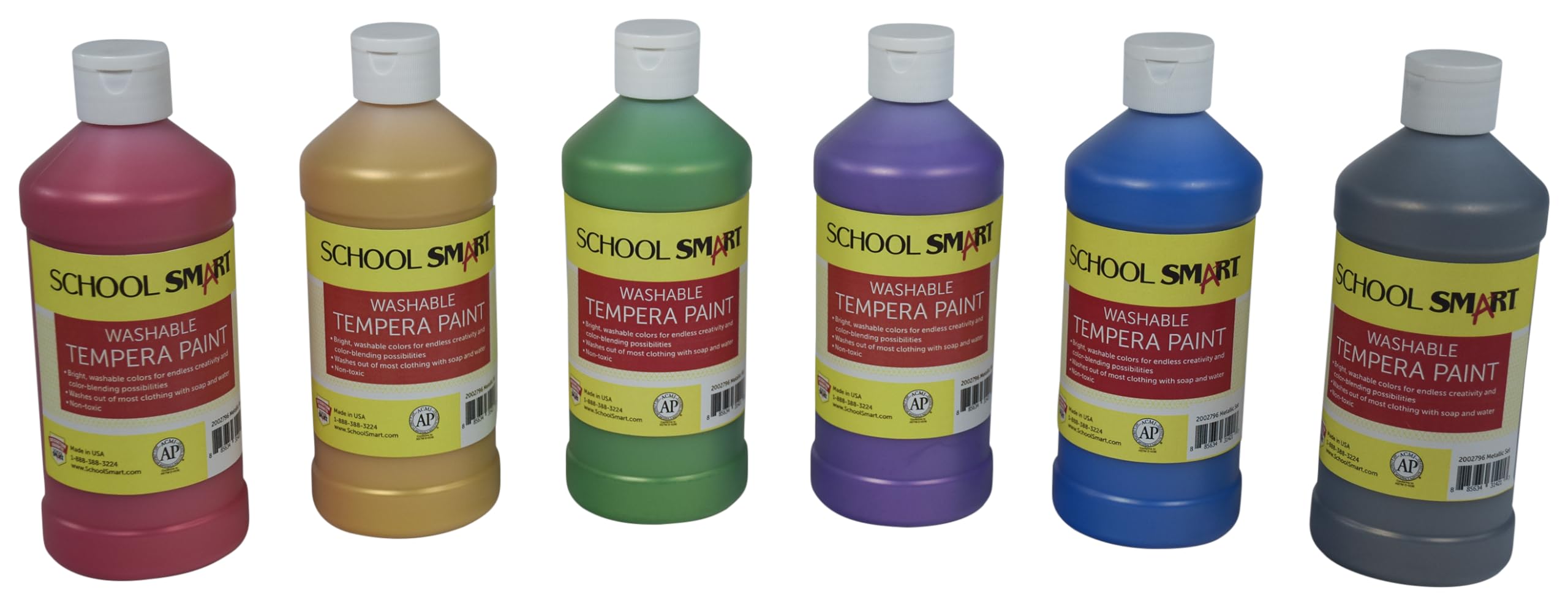 School Smart Washable Tempera Paint Set, Assorted Metallic Colors, Pint Set of 6
