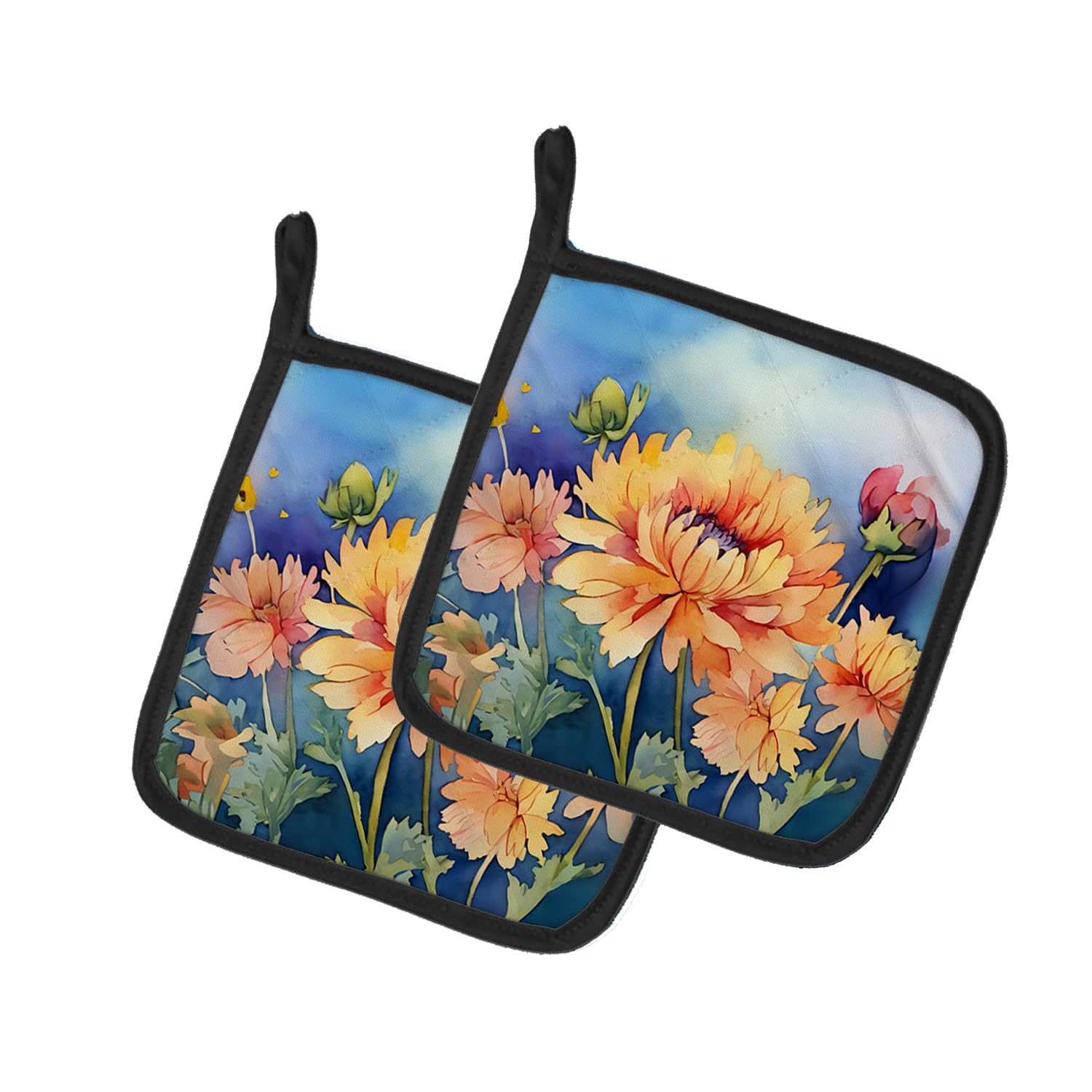 Chrysanthemums in Watercolor Pair of Pot Holders