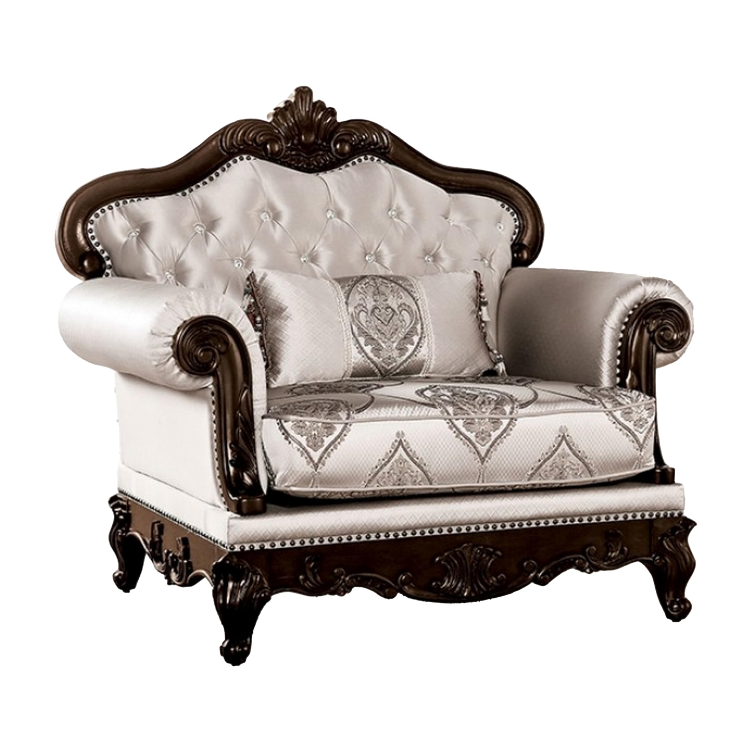 Vera Accent Chair, Tufted Jacquard Pattern, Carved Dark Cherry Brown, Beige