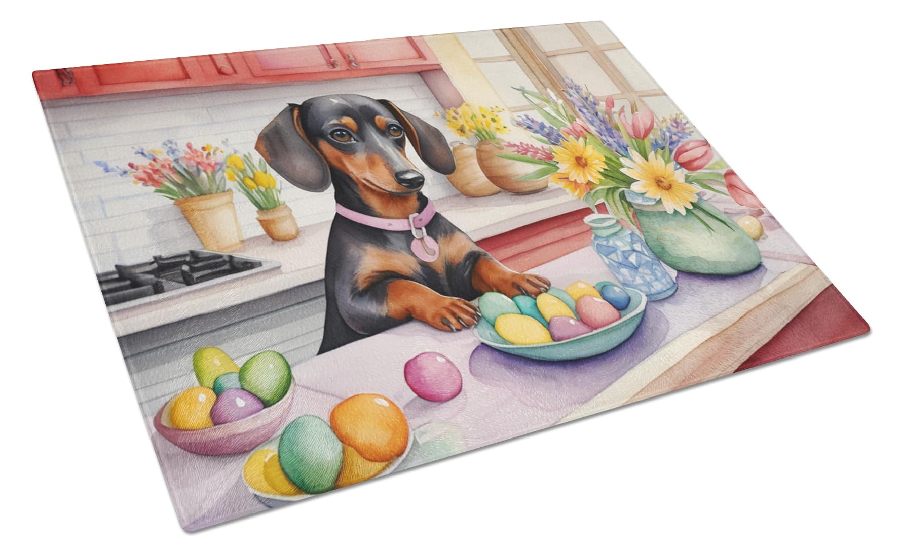 Carolines Treasures DAC6799LCB Decorating Easter Dachshund Glass Cutting Board Decorative Tempered Glass Kitchen Cutting and Serving Board Large Size Chopping Board