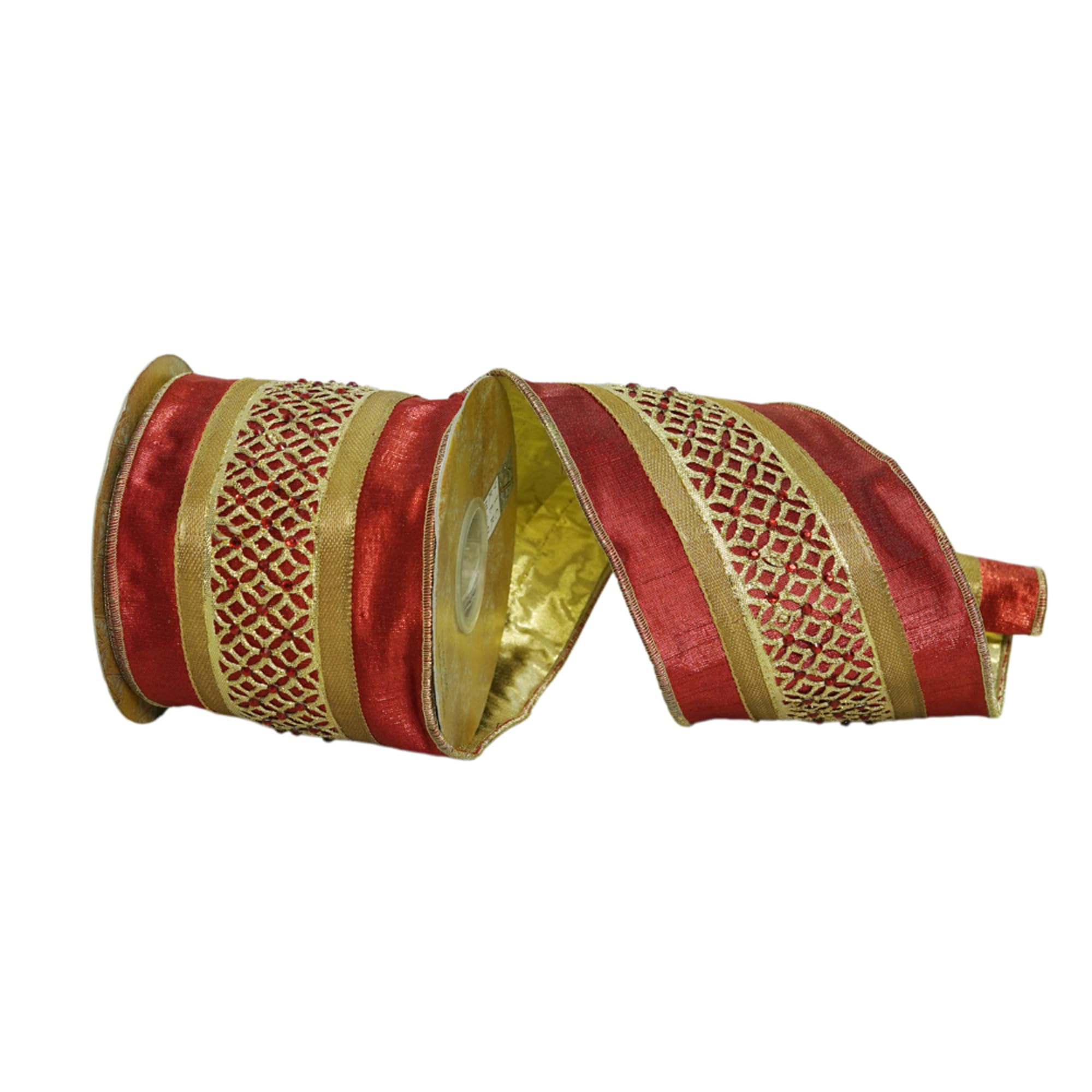 Casafoyer  4” x 5 Yards Red Jeweled Wired Edge Christmas Ribbon. - (Pack Of 2)