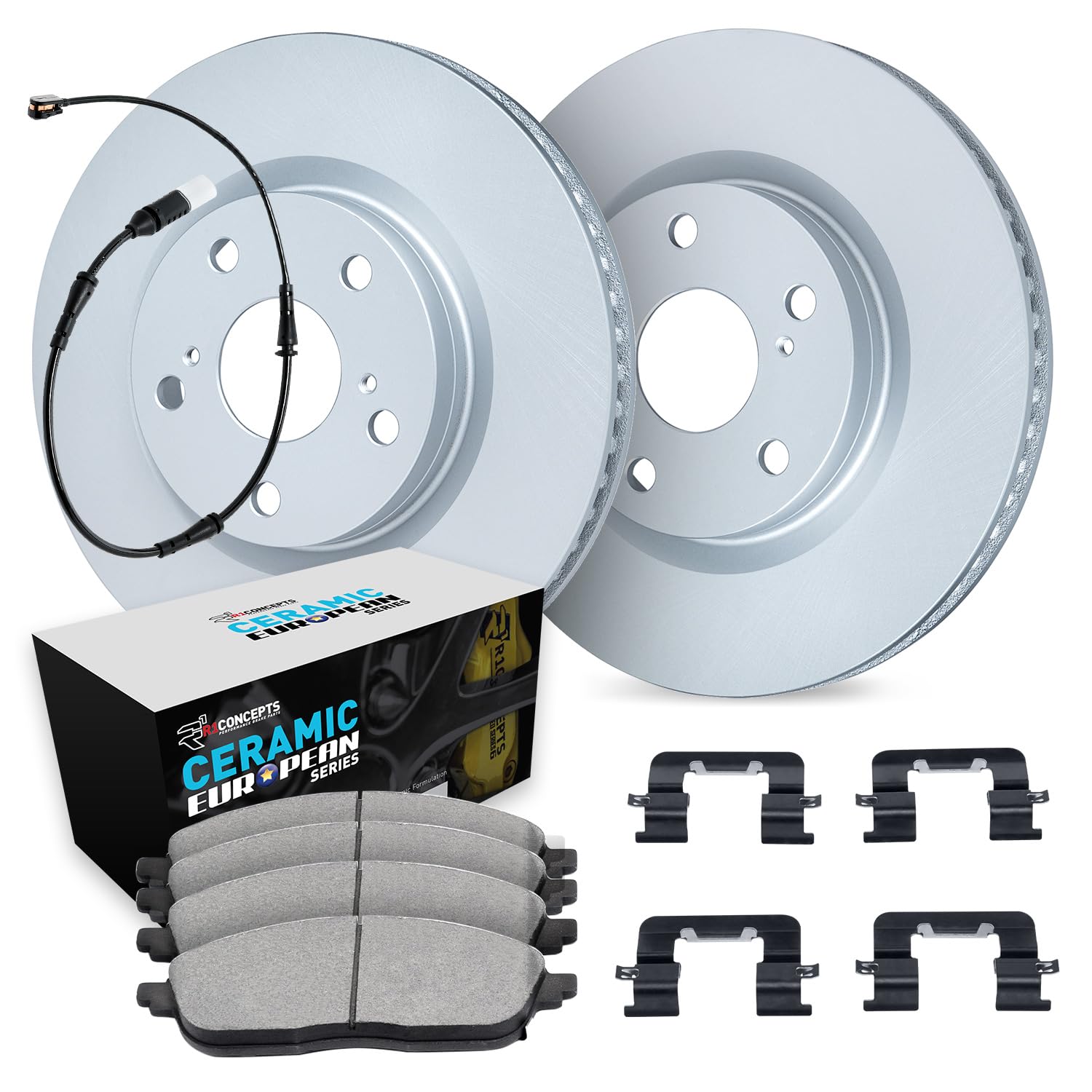R1 Concepts Carbon Coated Disc Brake Rotor Set with Euro Ceramic Pads, Sensor, and Hardware WDTS1-19151
