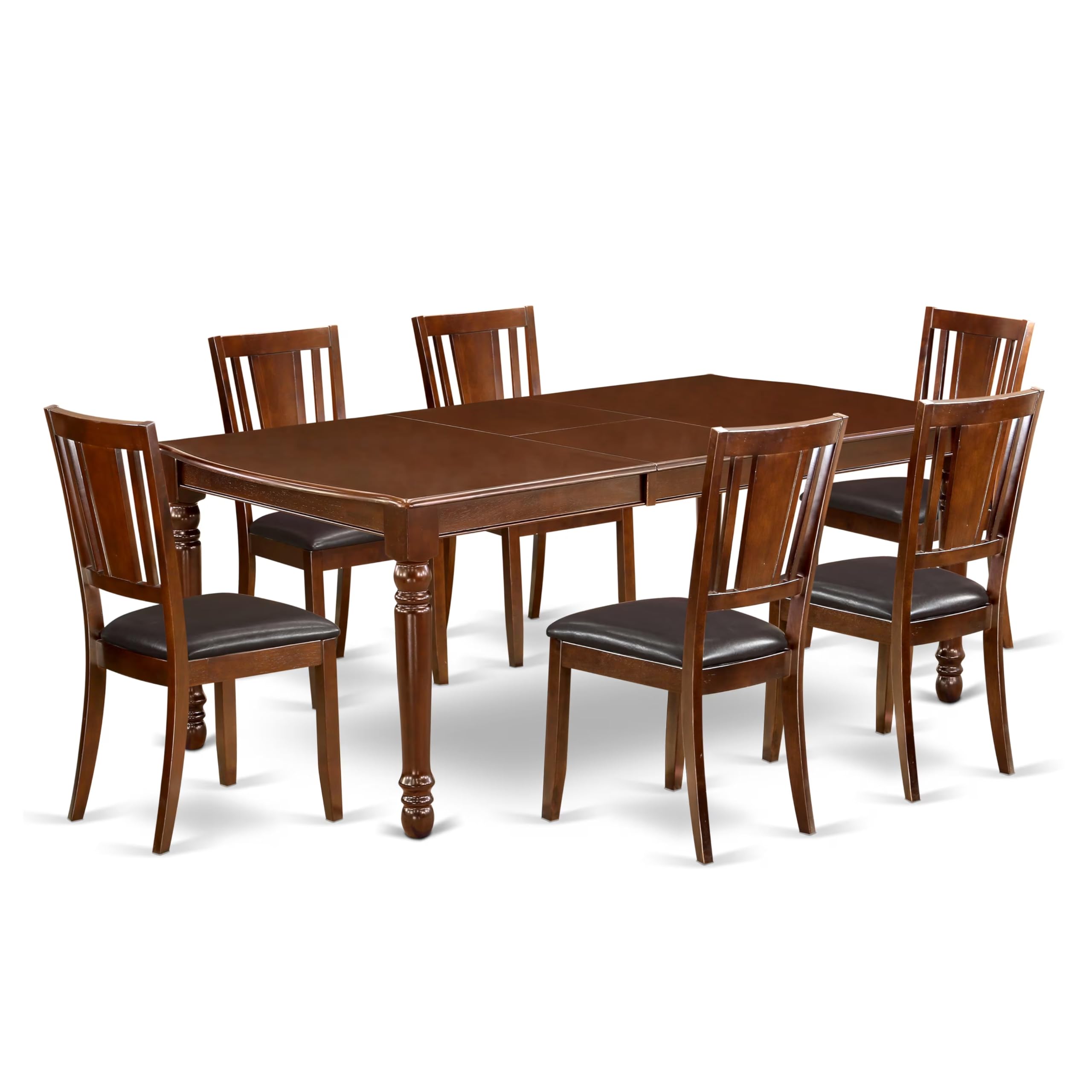 DODU7-MAH-LC 7Pc Rectangular 60/78 Inch Dining Room Table With 18 In Butterfly Leaf And 6 Faux Leather Seat Chairs