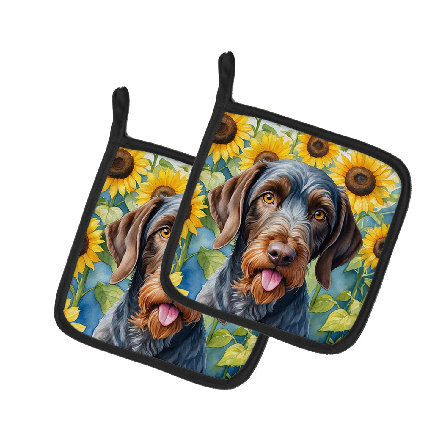 German Wirehaired Pointer in Sunflowers Pair of Pot Holders