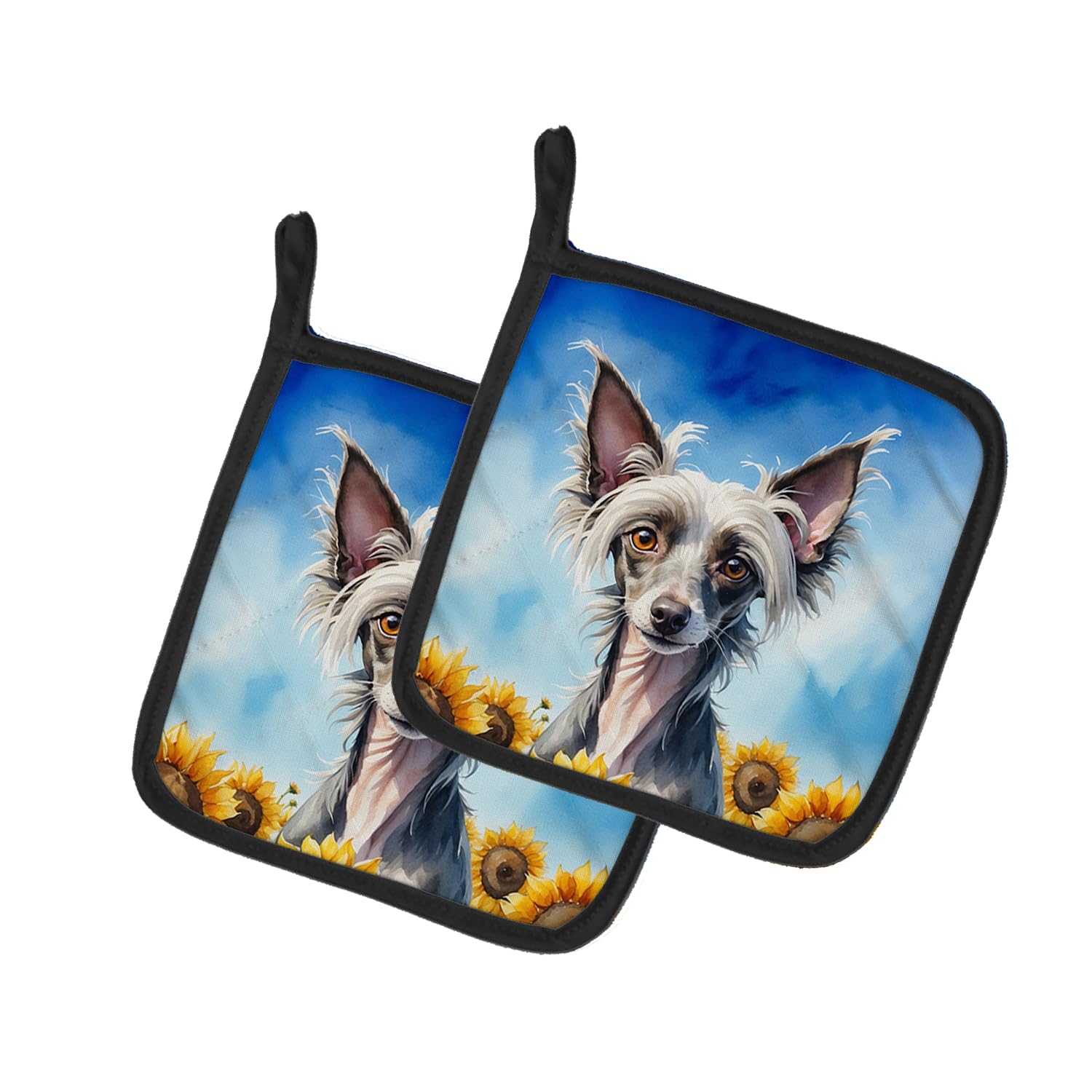 Chinese Crested in Sunflowers Pair of Pot Holders