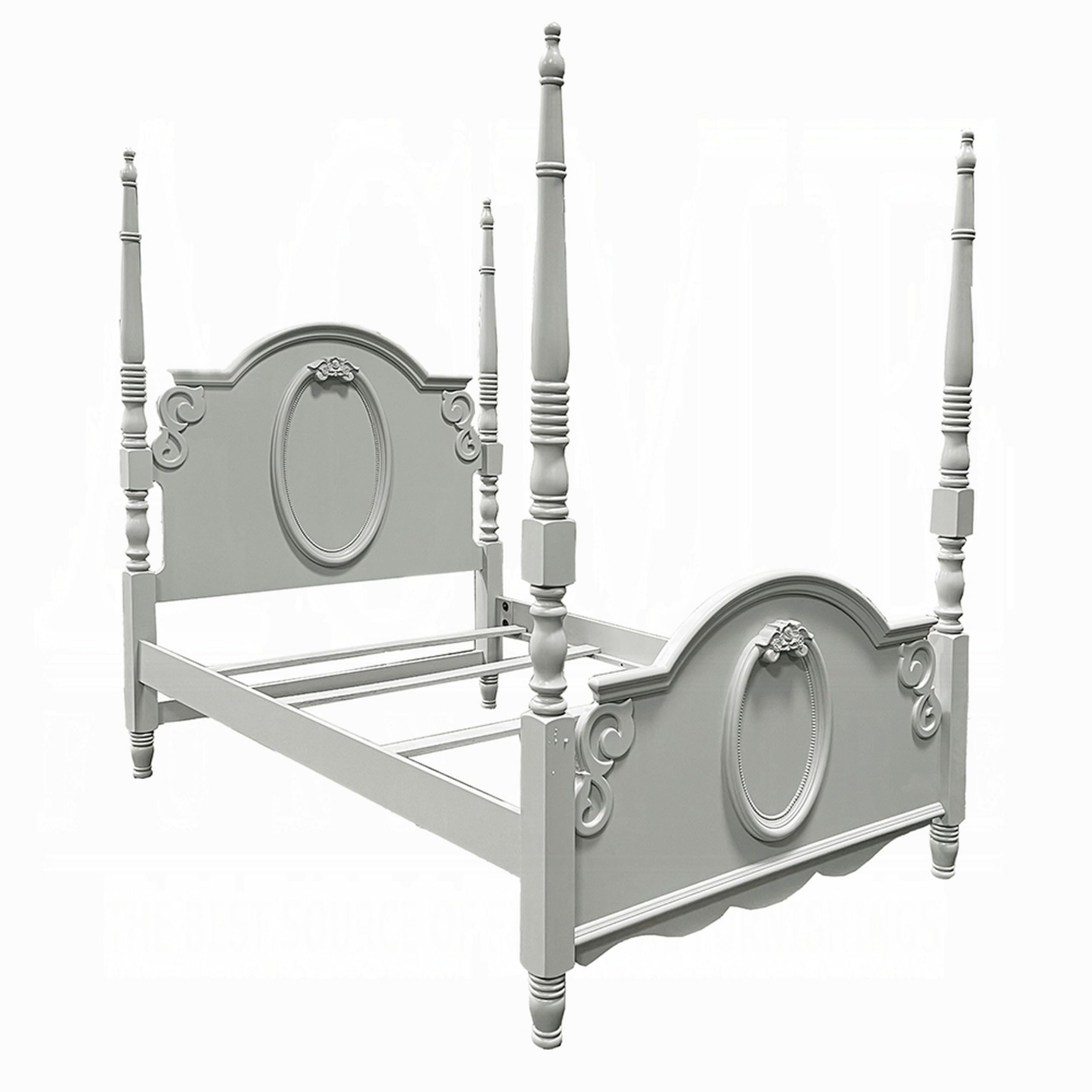 Auri Full Size Poster Bed, Arch Headboard, Classic Floral Motifs, Gray