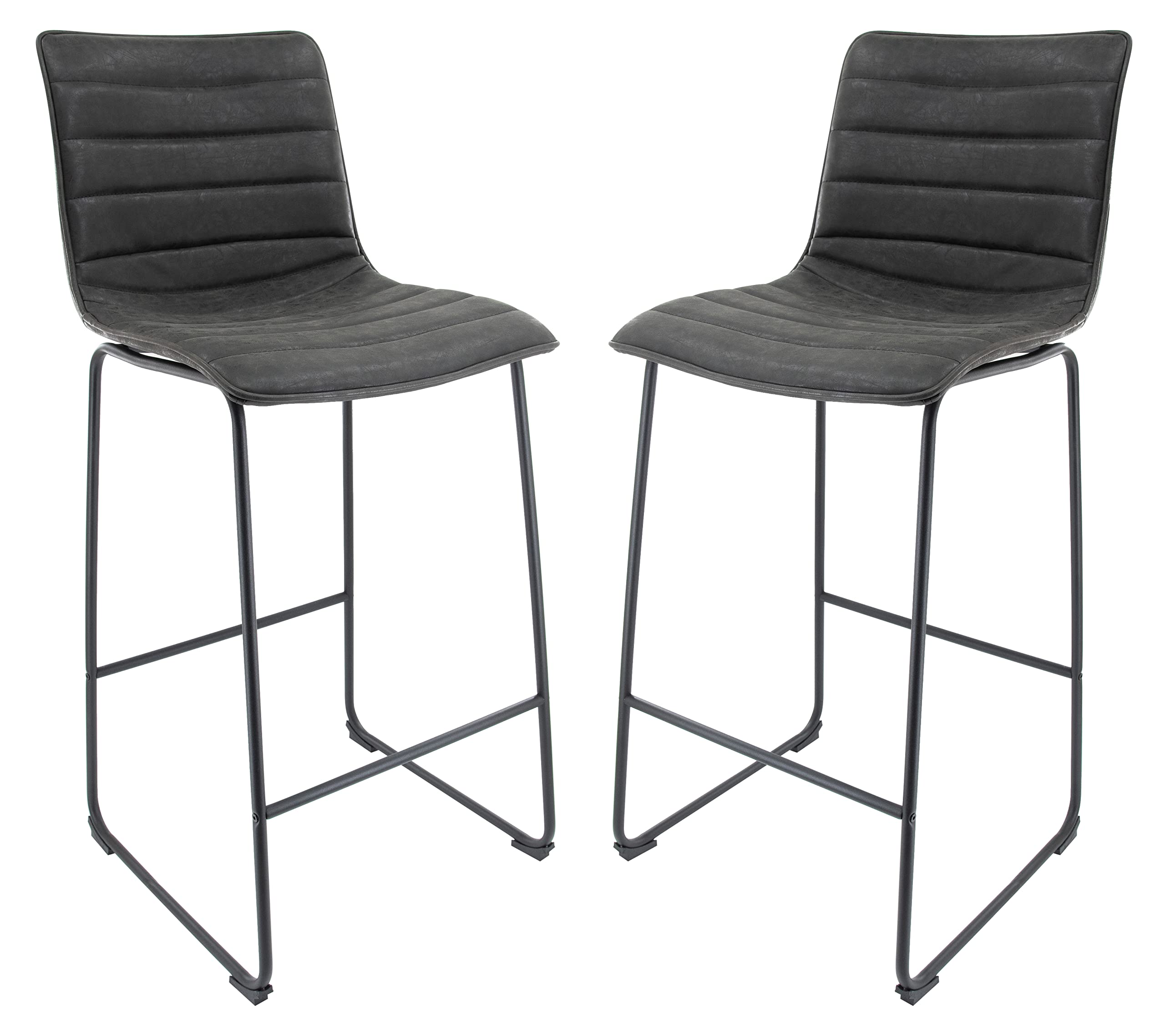 Leisuremod Brooklyn 29.9 Modern Leather Bar Stool Kitchen Island Stools With Black Iron Base & Footrest Set Of 2 (Charcoal Black