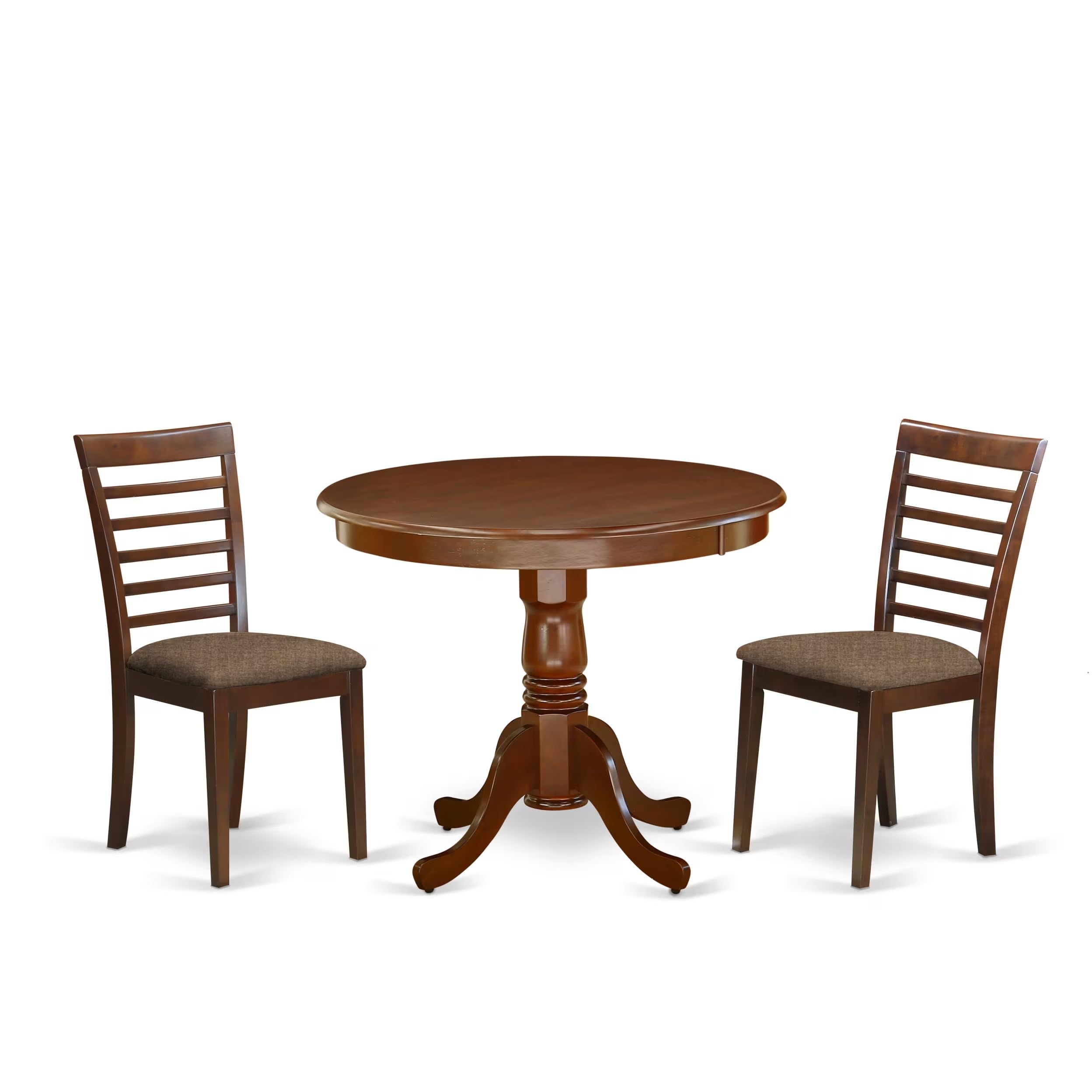 East West Furniture ANML3-MAH-C 3 Piece Set for Small Spaces Contains a Round Table with Pedestal and 2 Linen Fabric Kitchen Dining Chairs, 36x36 Inch, Mahogany