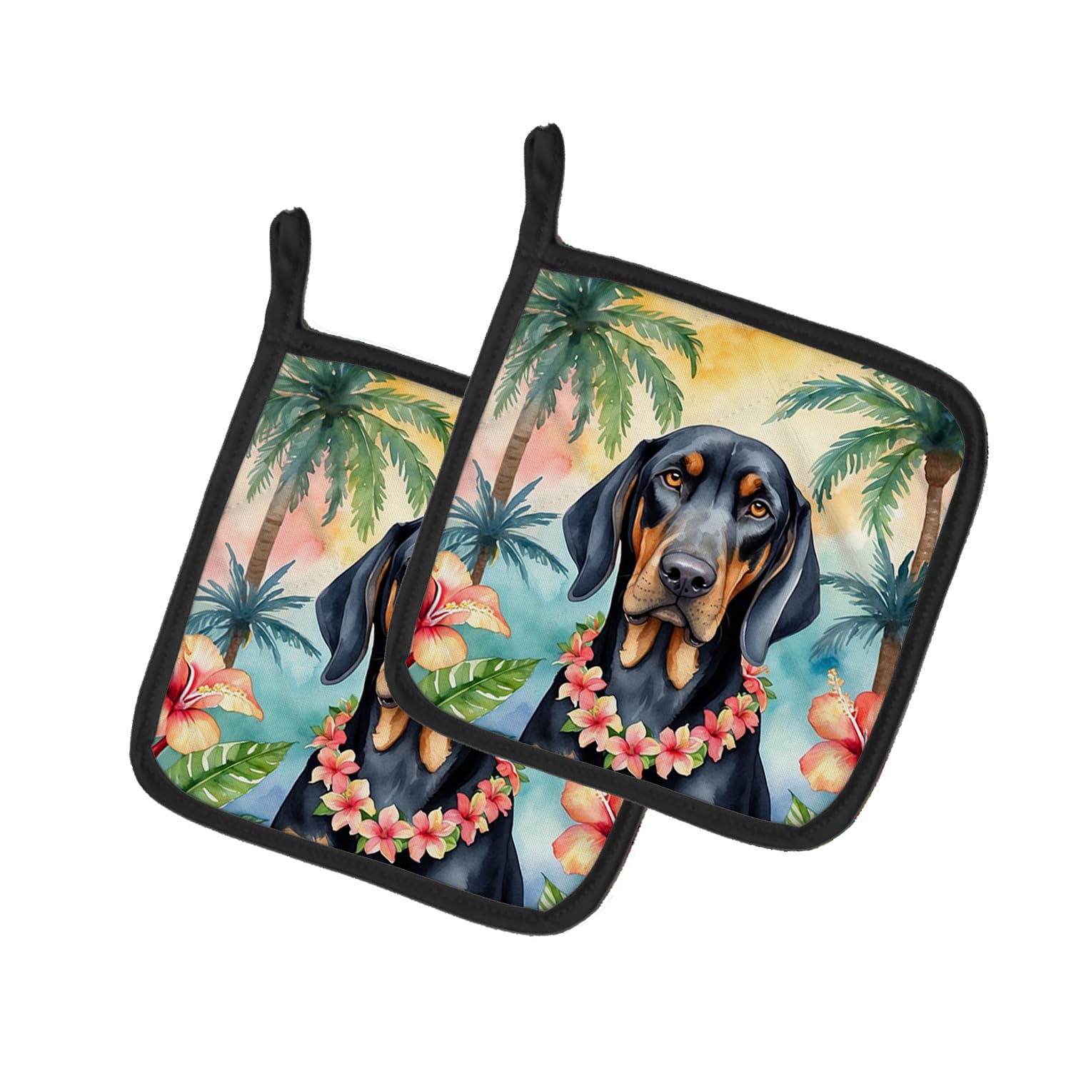 Black and Tan Coonhound Luau Pair of Pot Holders