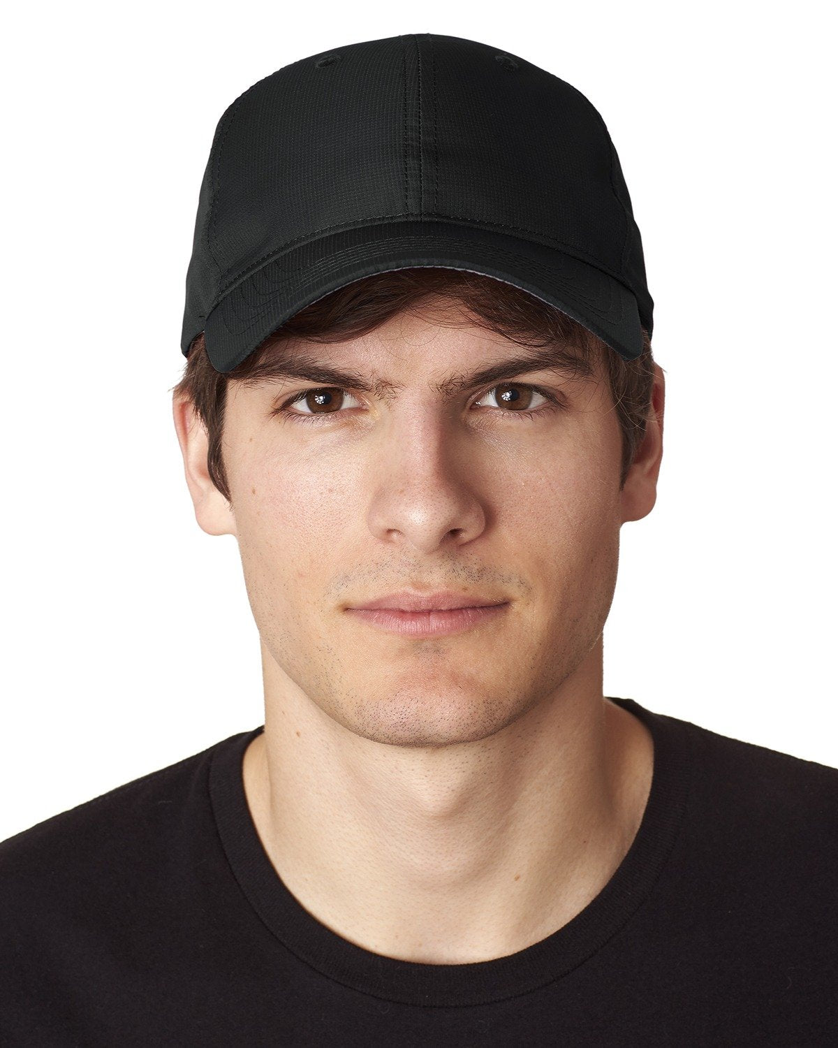 TH101 |TRIUMPH- Polyester Micro Jacquard performance mesh, six panel, unstructured, two-ply fabric front panel, moisture wicking grey mesh sweatband, anti-glare grey fabric under visor, self-fabric hook and loop closure- BLACK