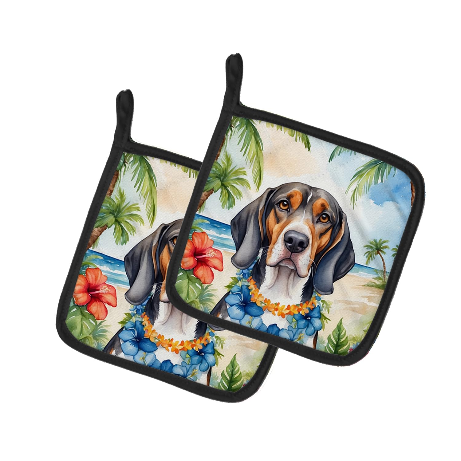 American English Coonhound Luau Pair of Pot Holders