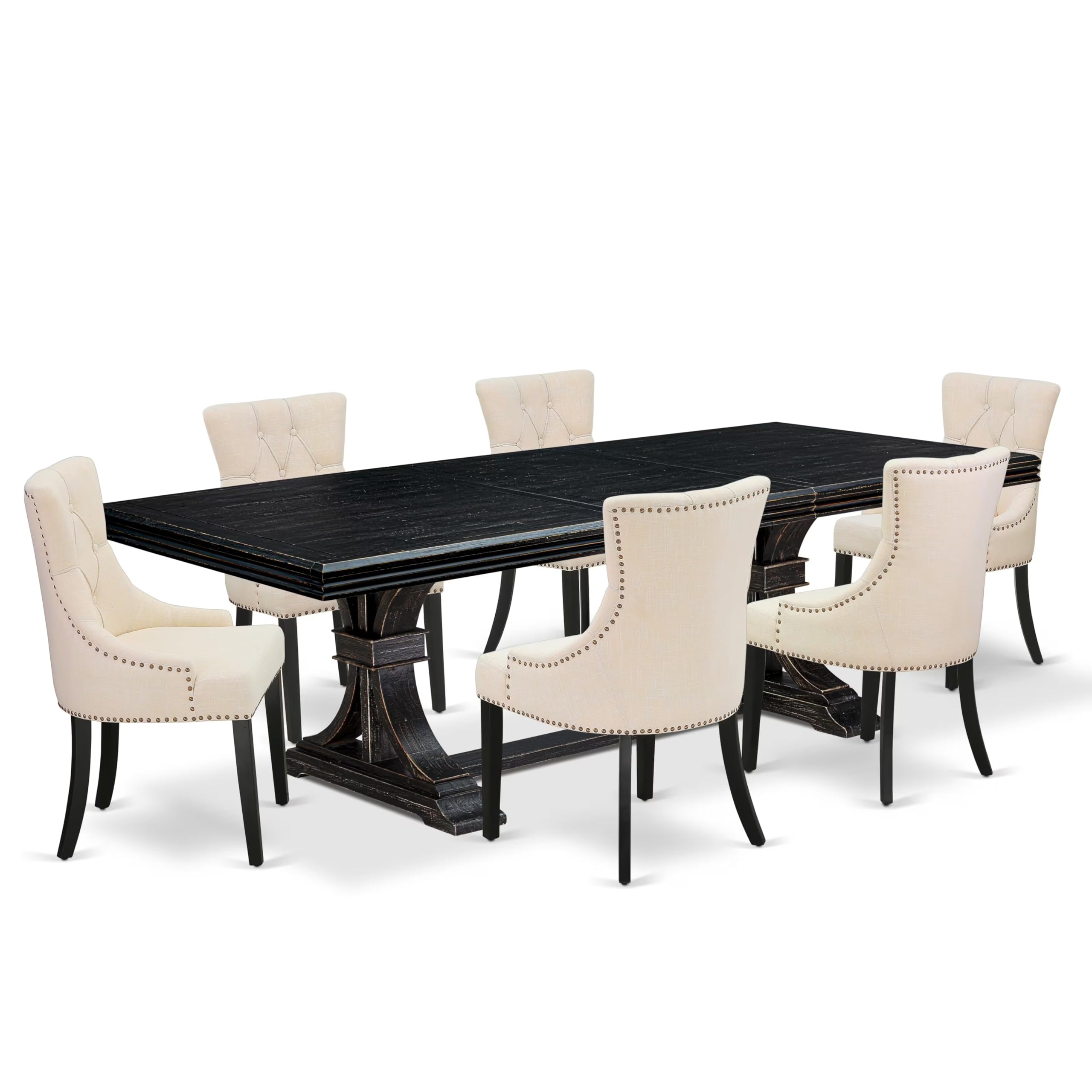 7 piece dining set of a dinner table and 6 modern chairs & black legs