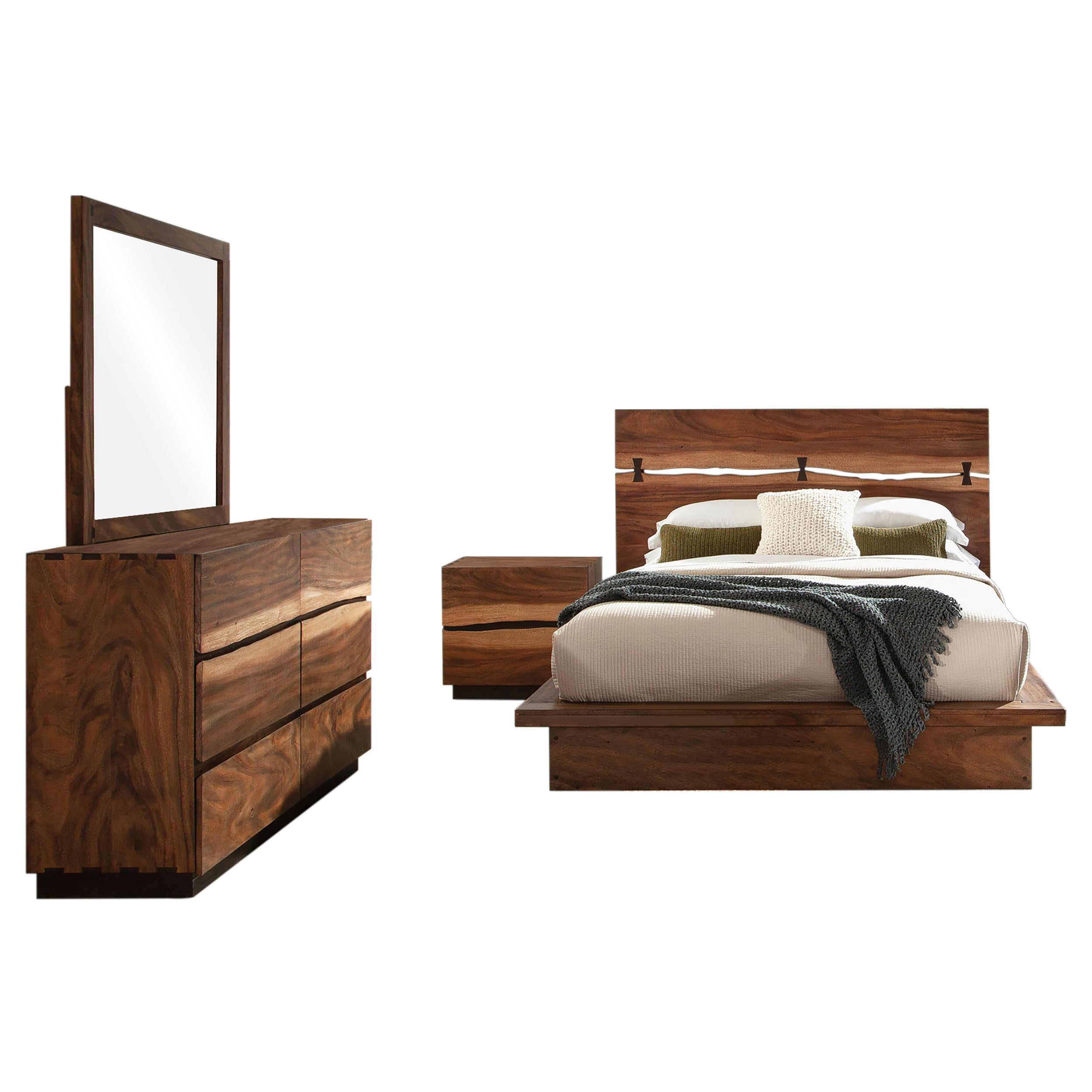 Zeko 4pc Queen Bedroom Set, Plinth Base, Live Edge, Smoky Walnut Brown