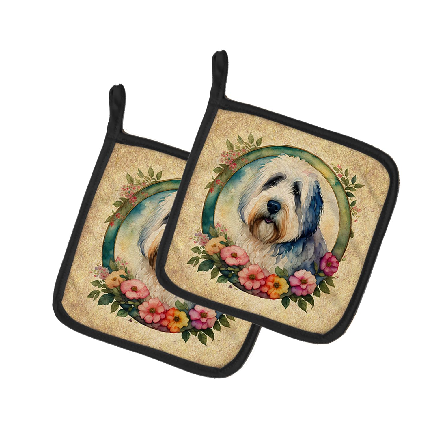 Old English Sheepdog and Flowers Pair of Pot Holders