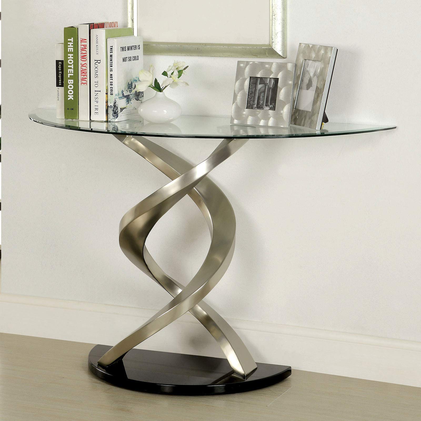 Sofa Table with Twisted Metal Base and Semi Circular Glass Top, Silver