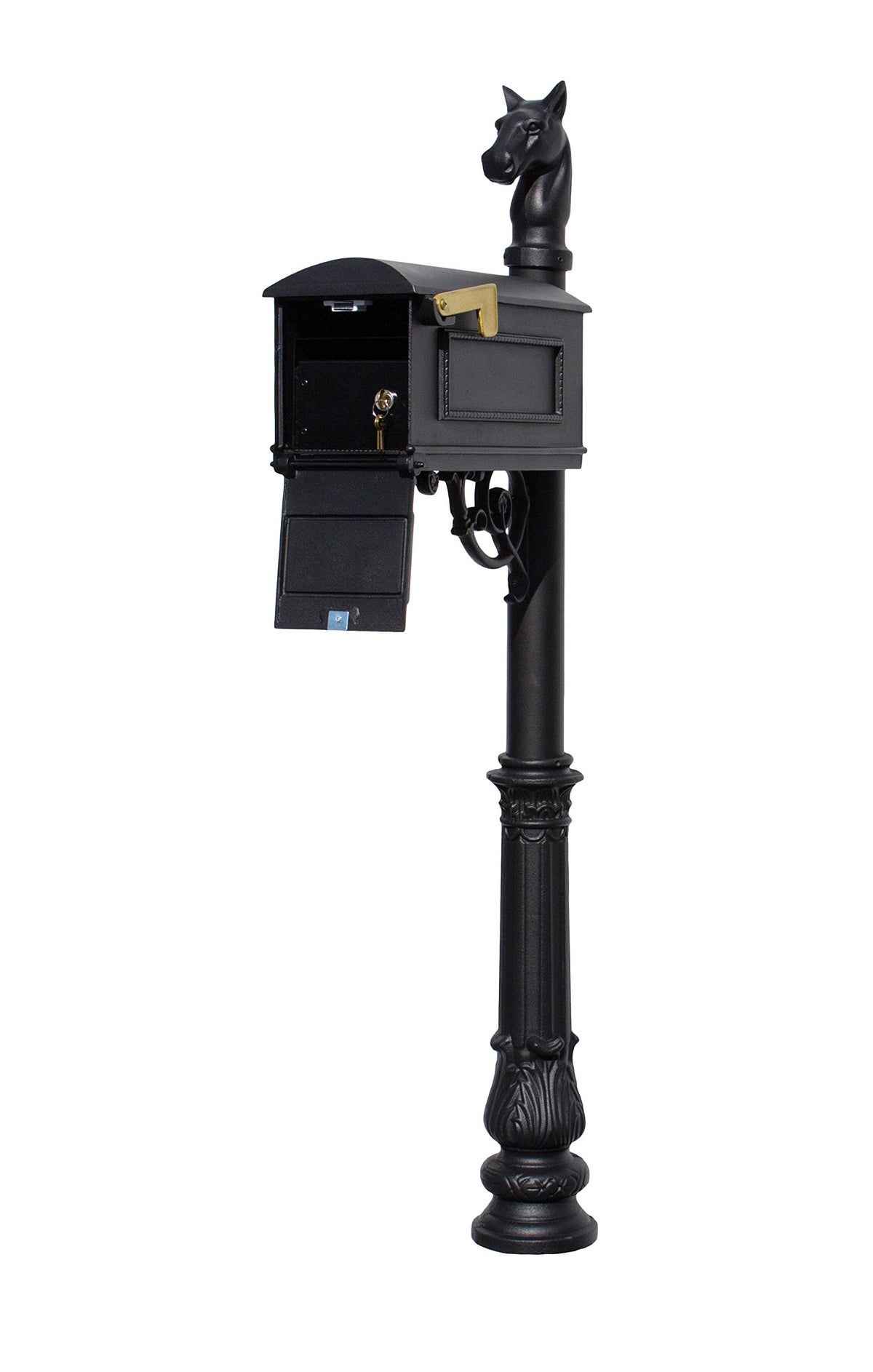 Qualarc Lml-701-Bl Lewiston Rust Free Cast Aluminum Locking Mailbox System With Post, Decorative Horsehead Finial & Ornate Base,