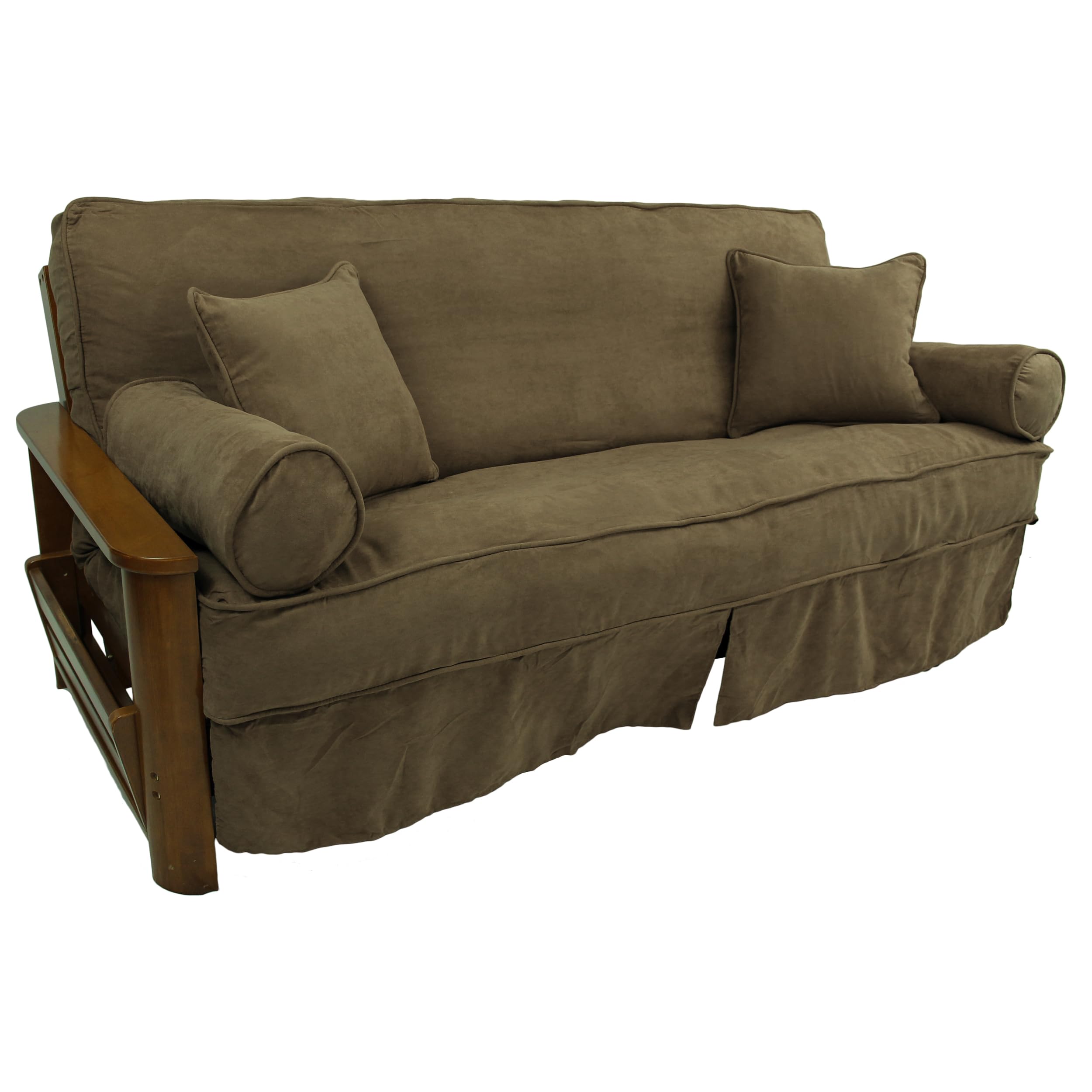 Solid Microsuede Double Corded 8 to 9-inch Full Futon Slipcover Set with Four Throw Pillows (Set of 5) - Java