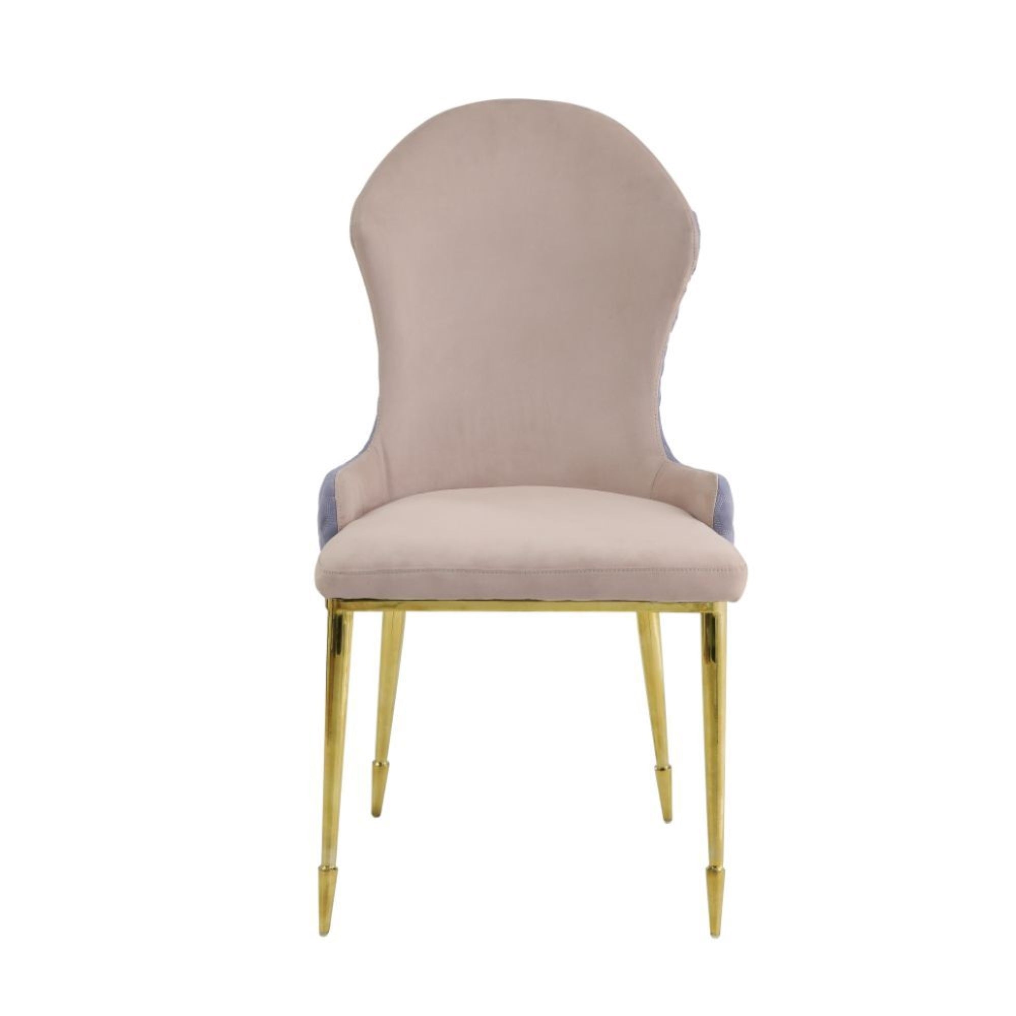 Yadlio Side Chair Set-2, Tan & Lavender Fabric, Gold Finish - Padded Seat & Back, Wingback Backrest, Sloped Low Armrest - Dining Chair with Stainless Steel Spindle Leg