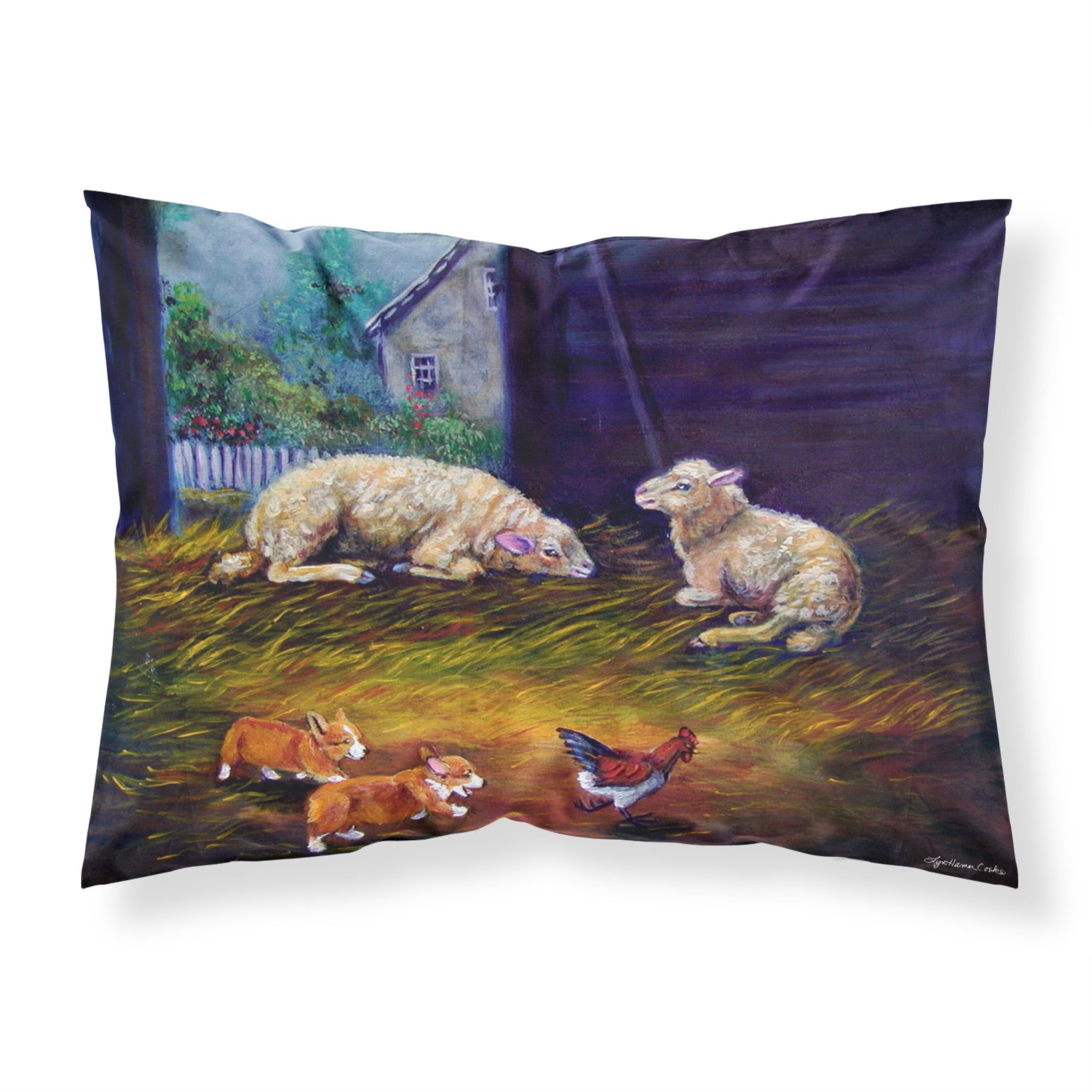 Caroline'S Treasures 7322Pillowcase Corgi Chaos In The Barn With Sheep Fabric Standard Pillowcase, Large, Multicolor