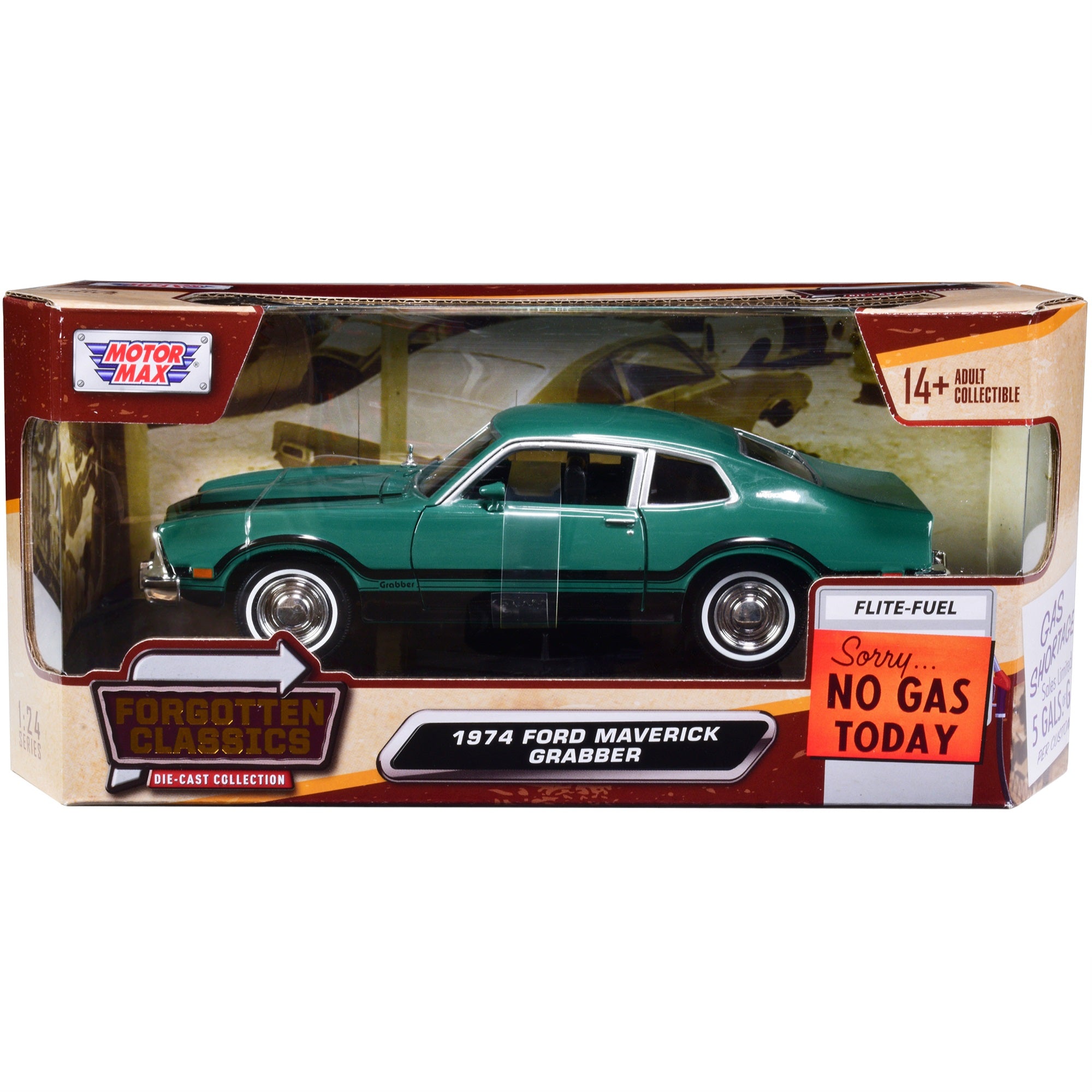 1974 Ford Maverick Grabber Green with Black Stripes Forgotten Classics Series 1/24 Diecast Model Car by Motormax