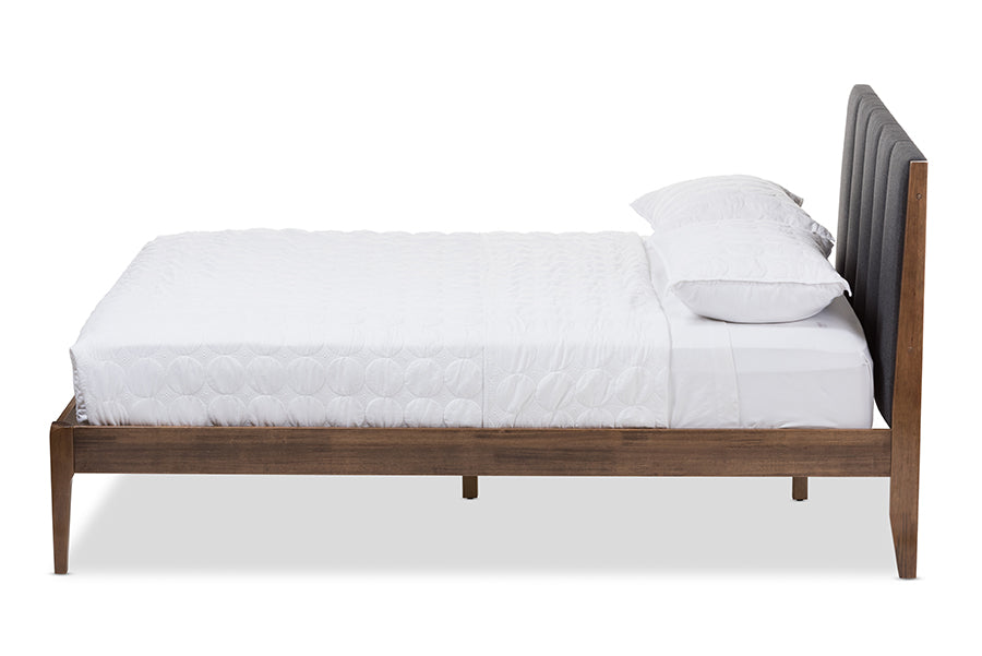 Baxton Studio Ember Mid-Century Dark Grey Fabric And Medium Brown Finish Wood King Size Platform Bed