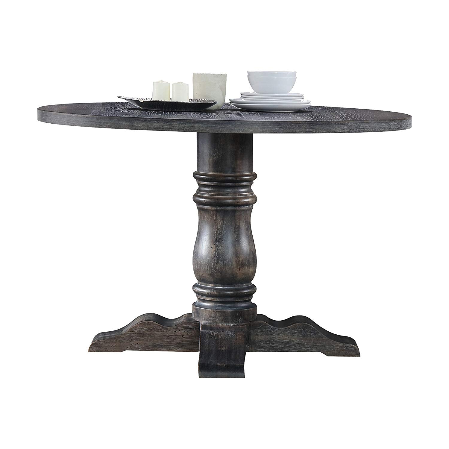 Yadlio Dining Table-Leventis Round Single Pedestal Table,Weathered Gray,Wooden Top & Pedestal,Armless Chair,Padded Seat,Light Brown Linen,Wooden Crosspiece Backrest,Wooden Turned Leg-Front Legs