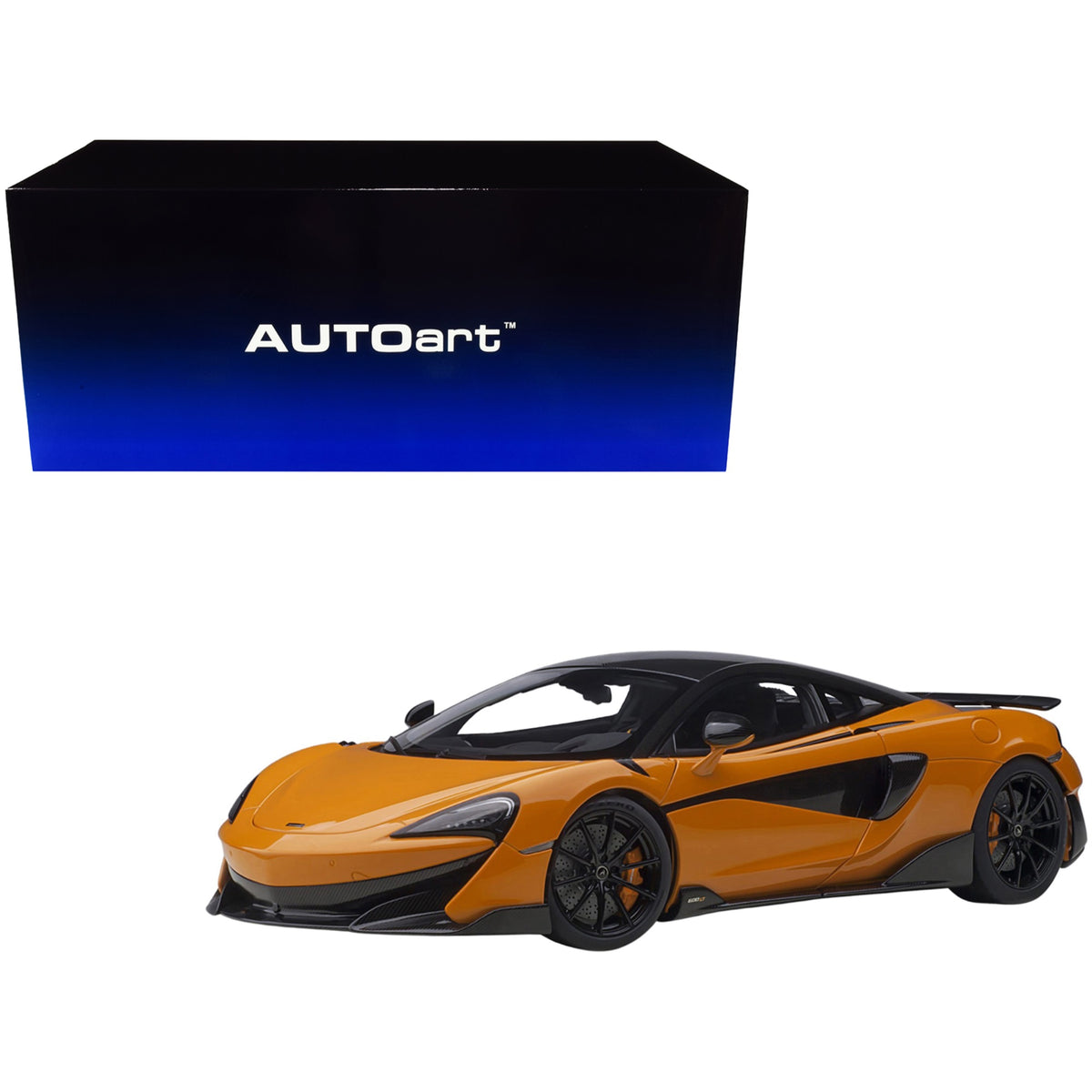 Mclaren 600Lt Myan Orange And Carbon 1/18 Model Car By Autoart