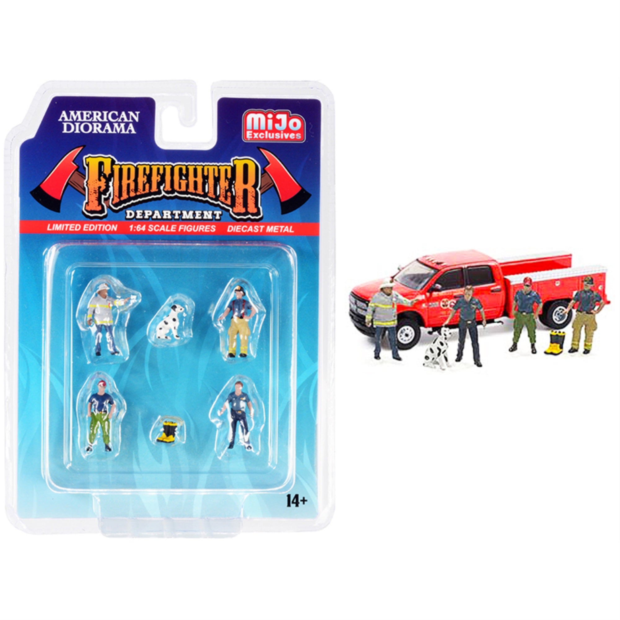 Firefighter Ii' 6 Piece Diecast Set (4 Figurines 1 Dog And 1 Accessory) For 1/64 Scale Models By American Diorama