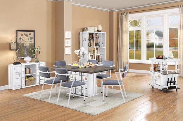 Yadlio Dining Chair Set-2 - Gray Fabric & White Tianjin - Industrial Style - Cargo Design - Metal Frame - Upholstered Seat - Furniture