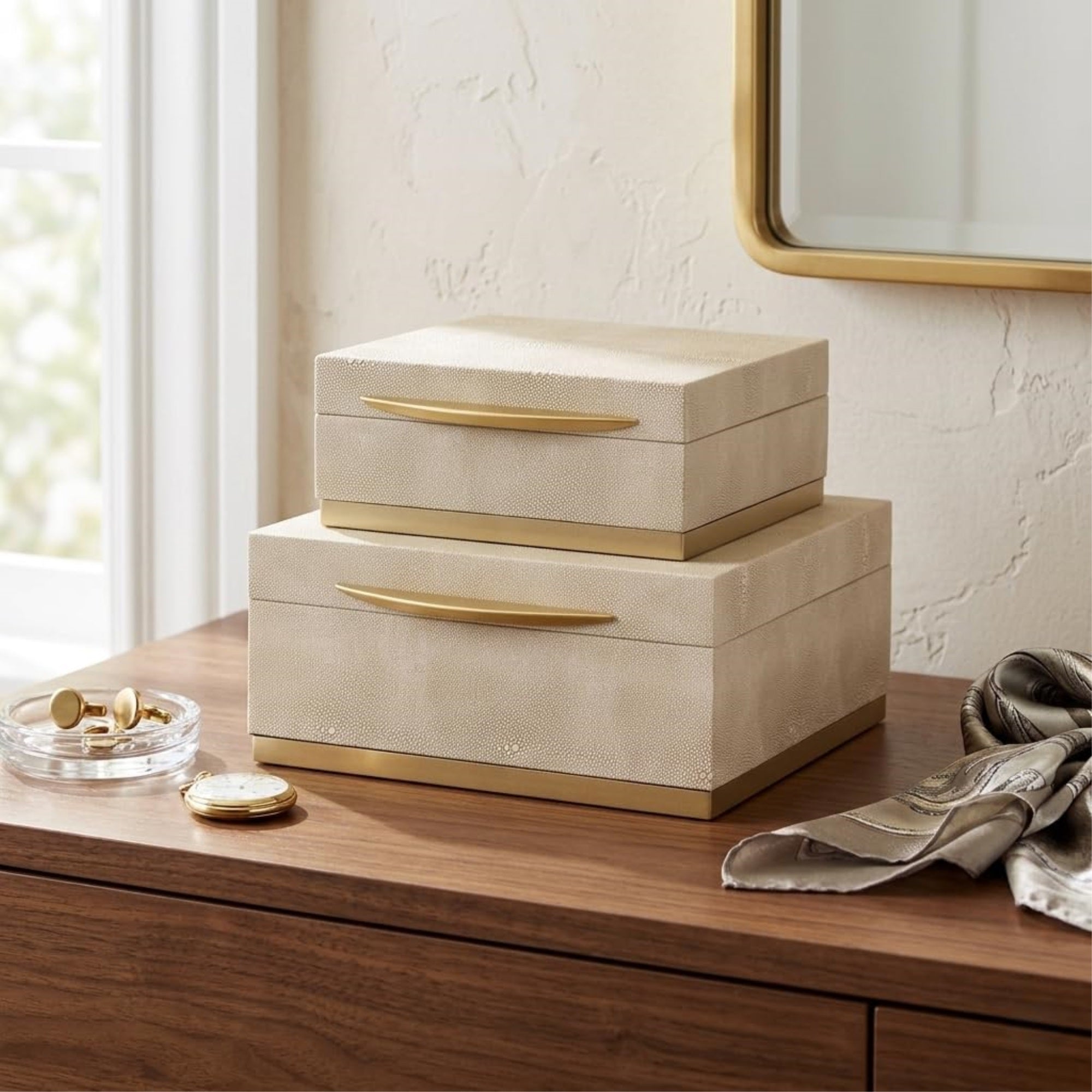 Zynova Square Gold Accented Box Set - Cream Faux Shagreen | Gold Metal Base |