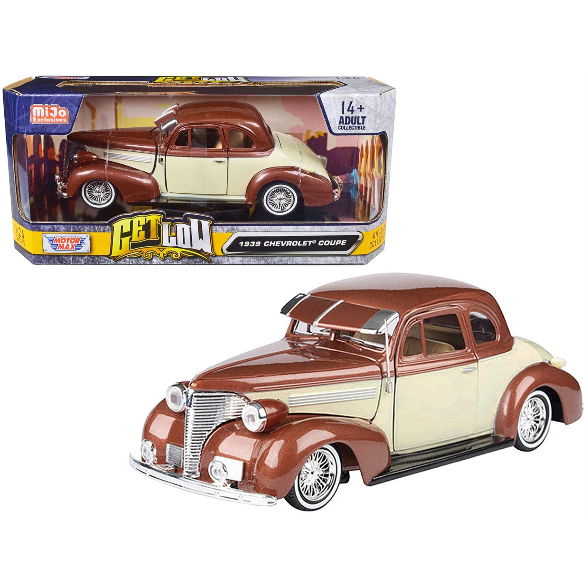 1939 Chevrolet Coupe Lowrider Beige and Brown Metallic “Get Low” Series 1/24 Diecast Model Car by Motormax