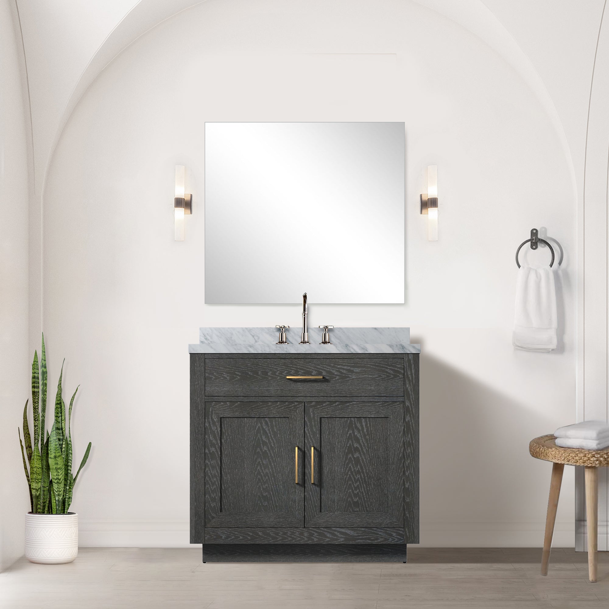 Black Oak Single Bath Vanity 36 in. W x 22 in. D, Carrara Marble Top, and Faucet Set