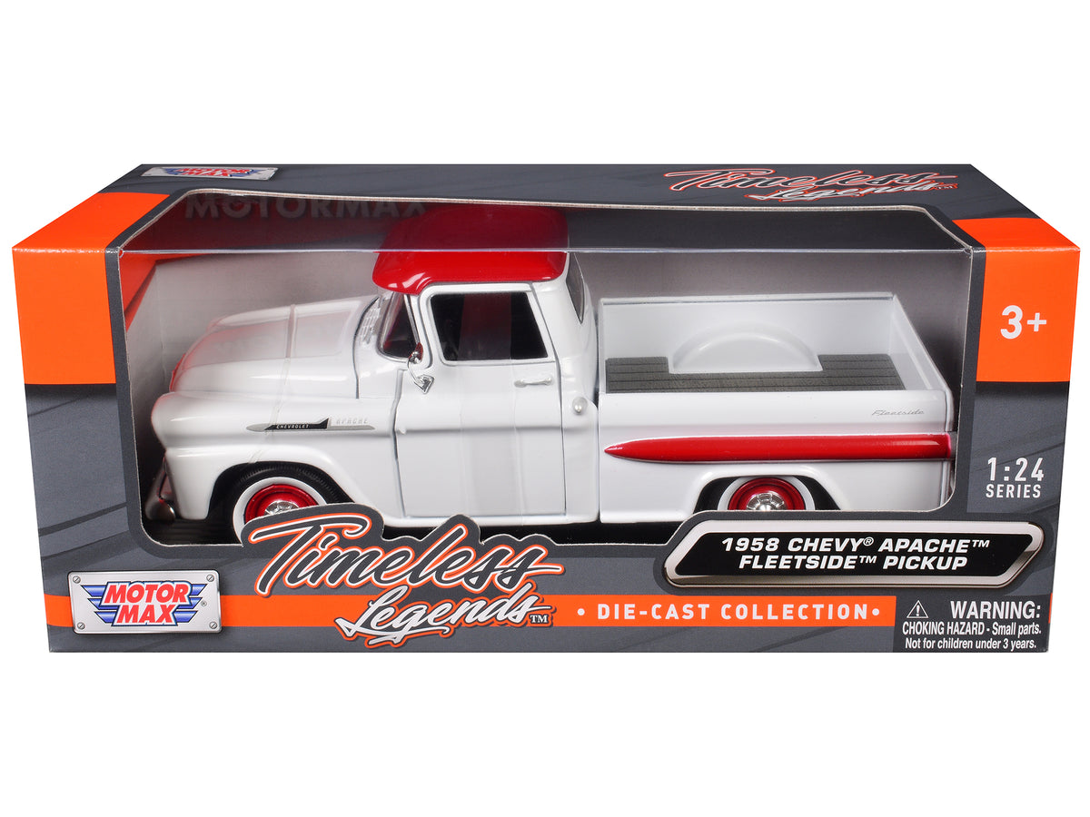 1958 Chevrolet Apache Fleetside Pickup Truck White With Red Top 'Timeless Legends' Series 1/24 Diecast Model Car By Motormax