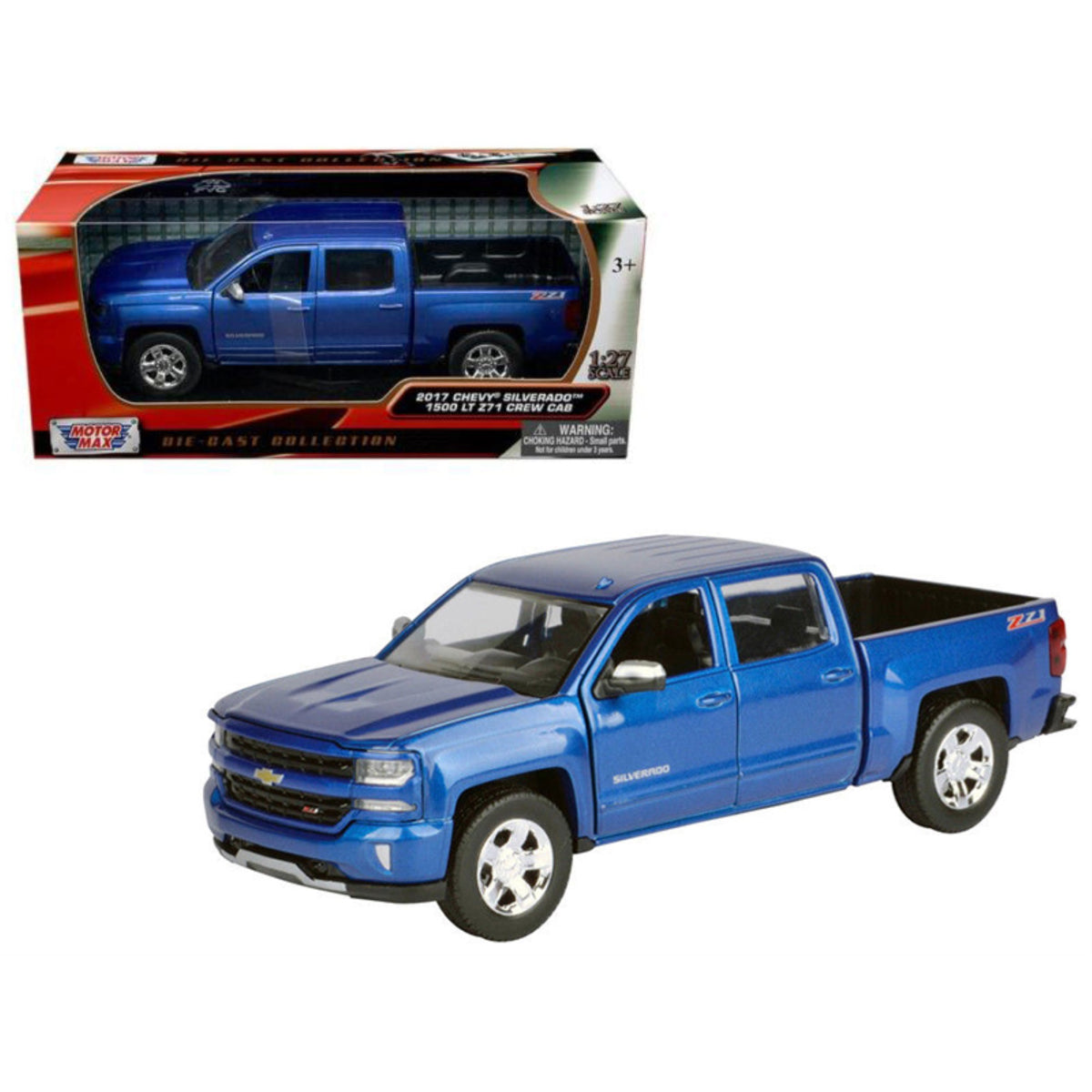 2017 Chevrolet Silverado 1500 Lt Z71 Crew Cab Pickup Truck Blue 1/27 Diecast Model Car By Motormax