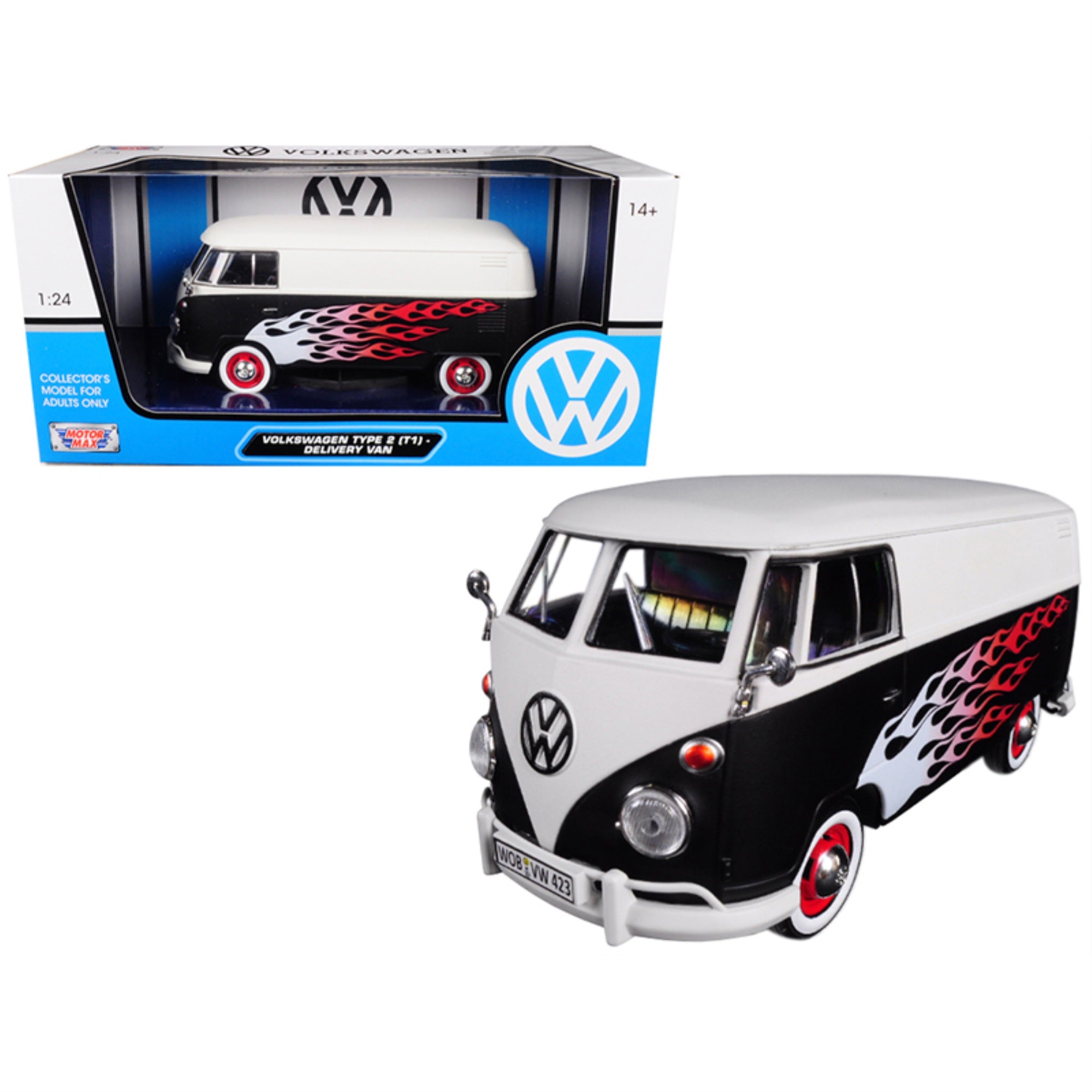 Volkswagen Type 2 (T1) Delivery Van With Flames 1/24 Diecast Car Model By Motormax