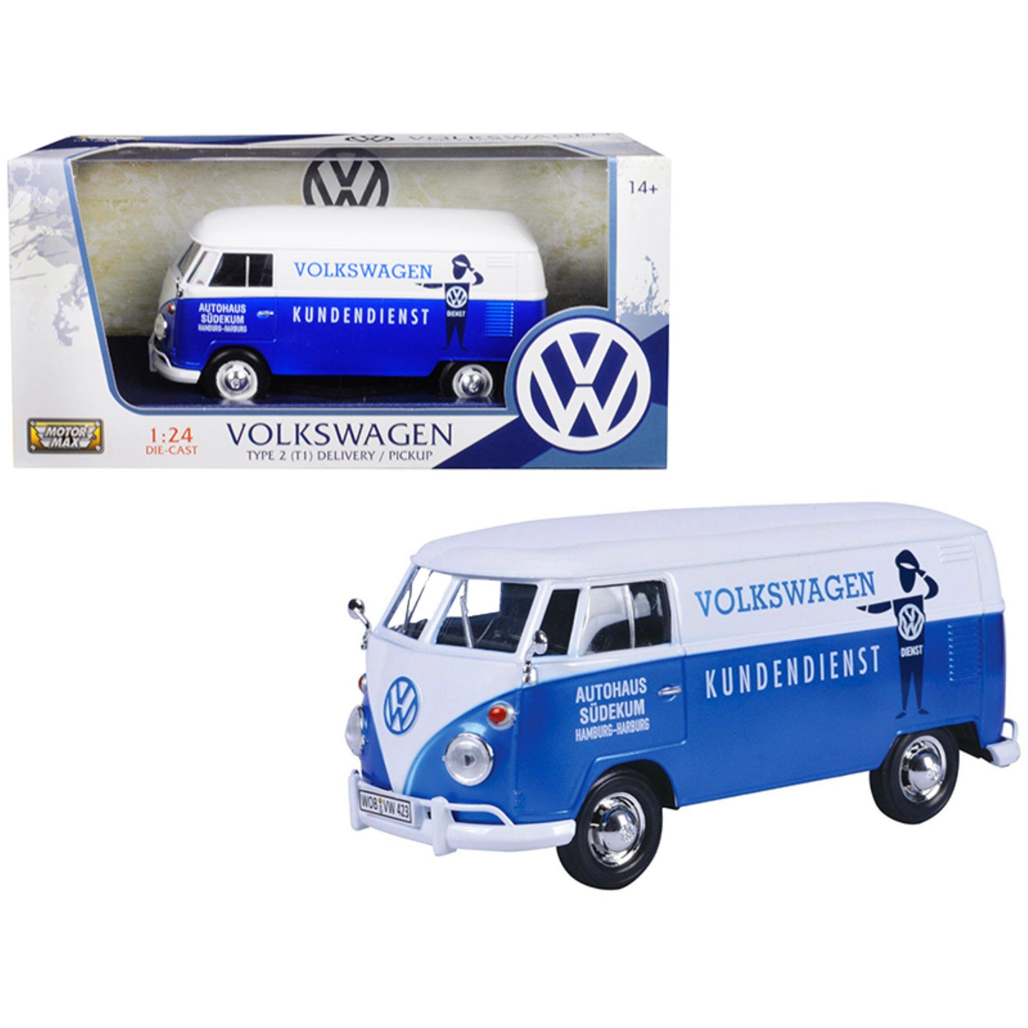 Volkswagen Type 2 (T1) Delivery Van Autohaus Sudekum 'Kundendienst' Candy Blue And White 1/24 Diecast Model Car By Motormax