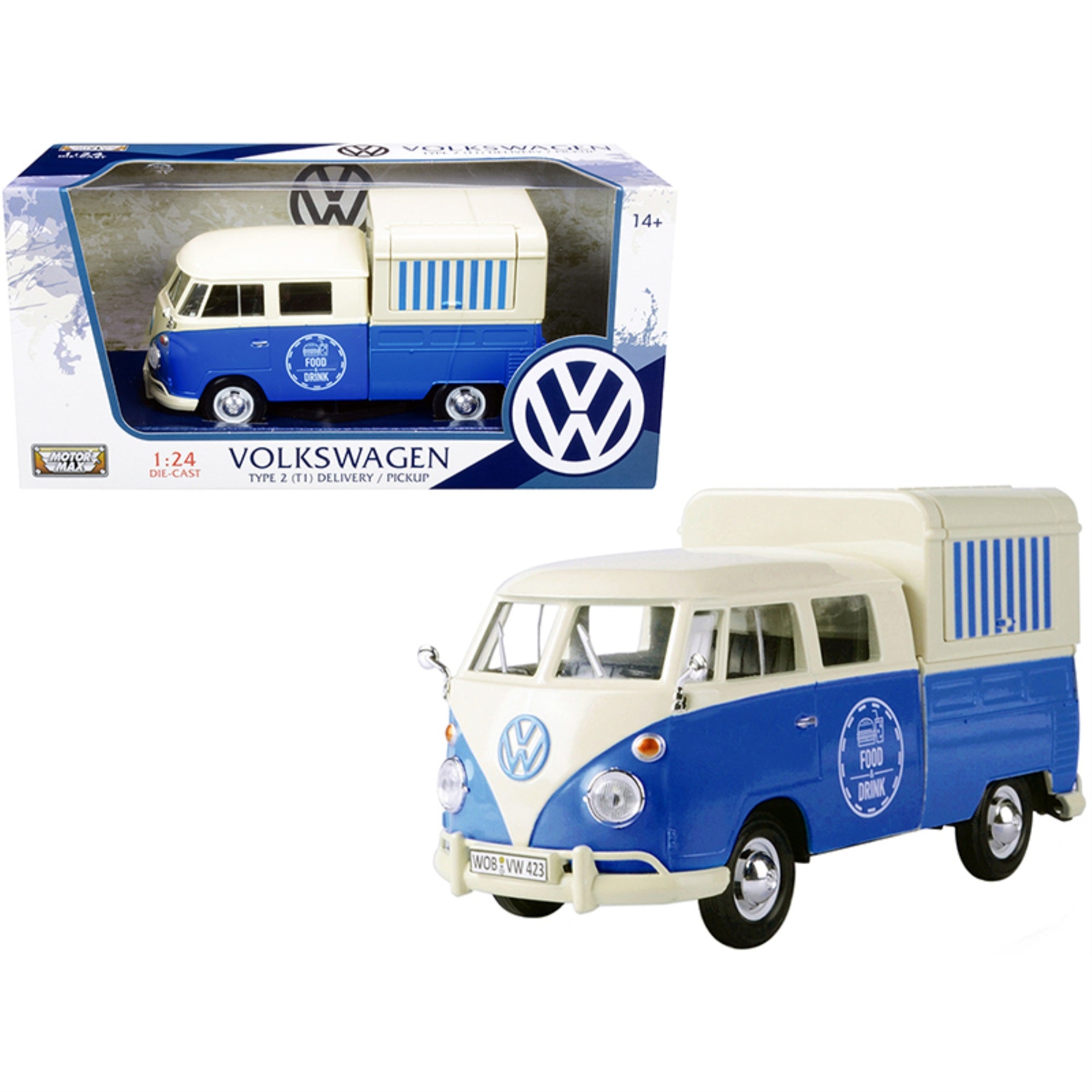 Volkswagen Type 2 (T1) Pickup Food Truck Cream And Blue 1/24 Diecast Model Car By Motormax