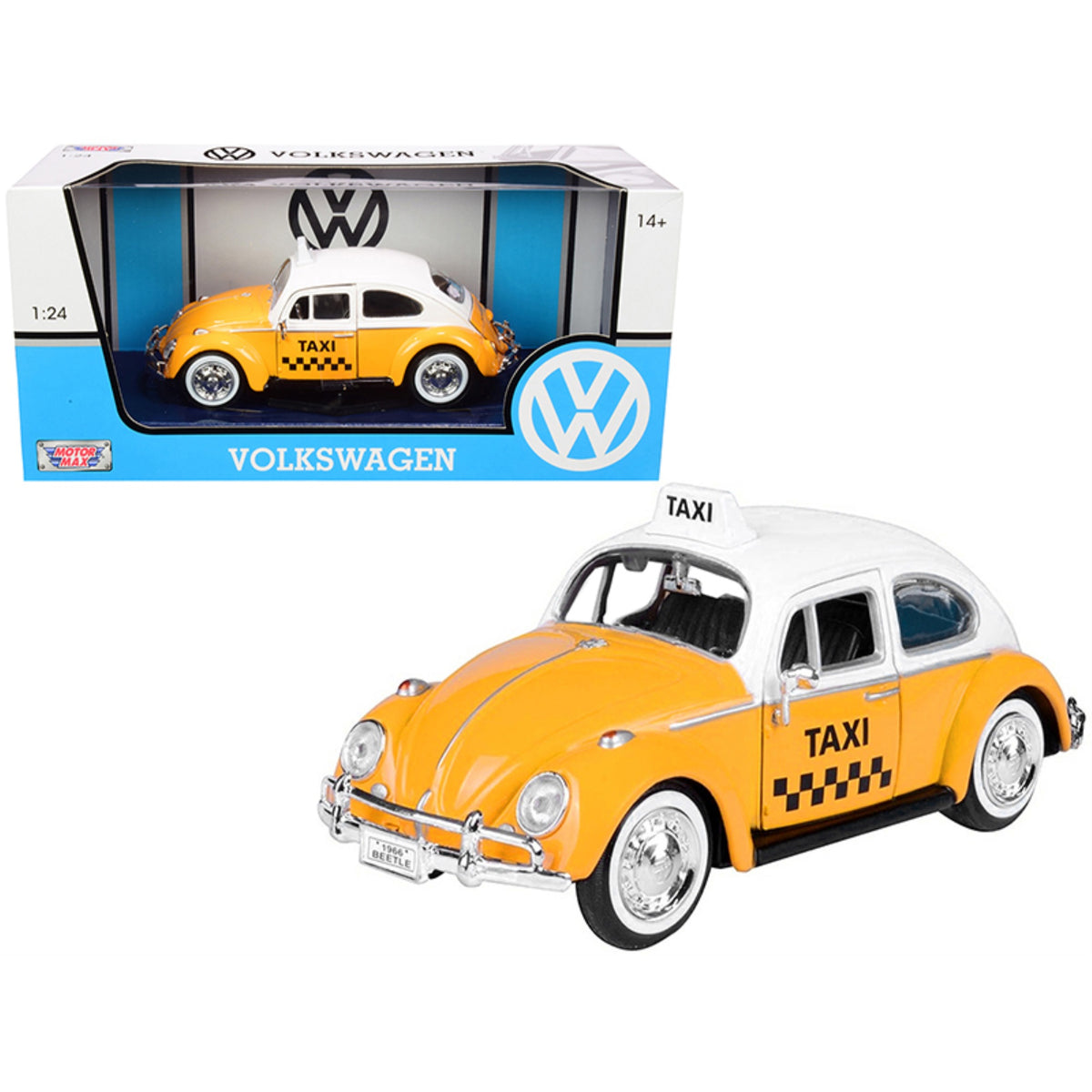 1966 Volkswagen Beetle 'Taxi' Yellow With White Top 1/24 Diecast Model Car By Motormax